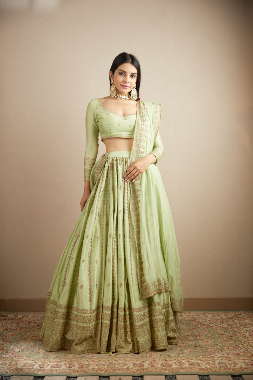 MINT CHANDERI SILK LINE WORK LEHENGA SET