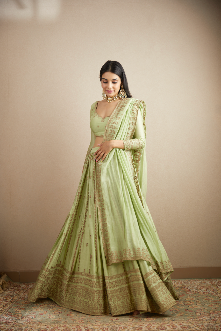 MINT CHANDERI SILK LINE WORK LEHENGA SET