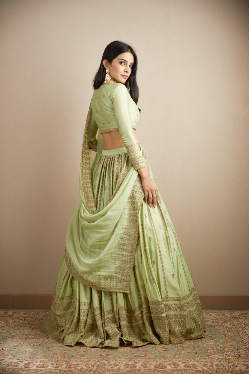 MINT CHANDERI SILK LINE WORK LEHENGA SET