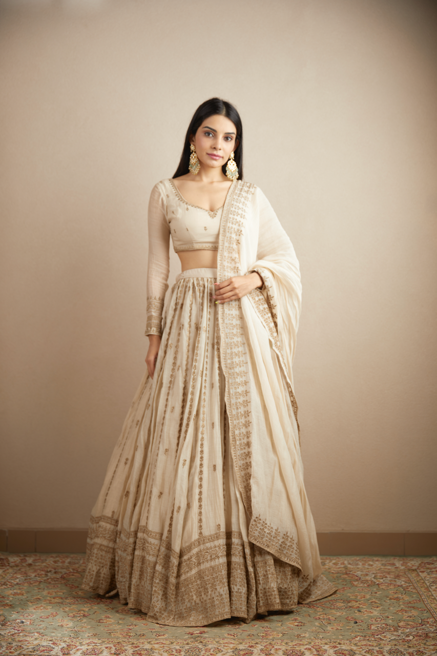 PINK CHANDERI SILK LINE WORK LEHENGA SET