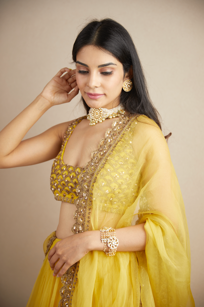 YELLOW ORGANZA SILK LEHENGA SET