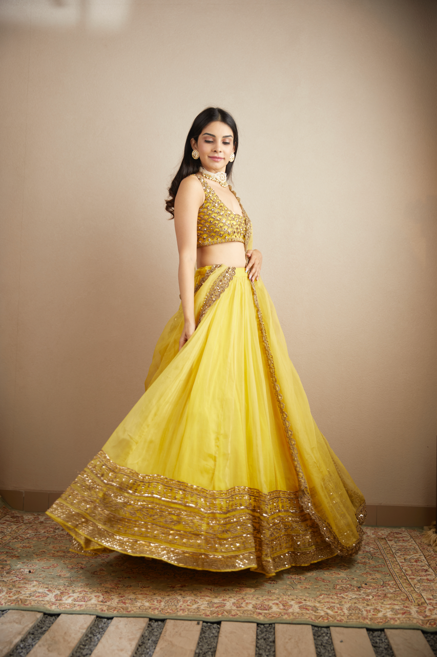 YELLOW ORGANZA SILK LEHENGA SET