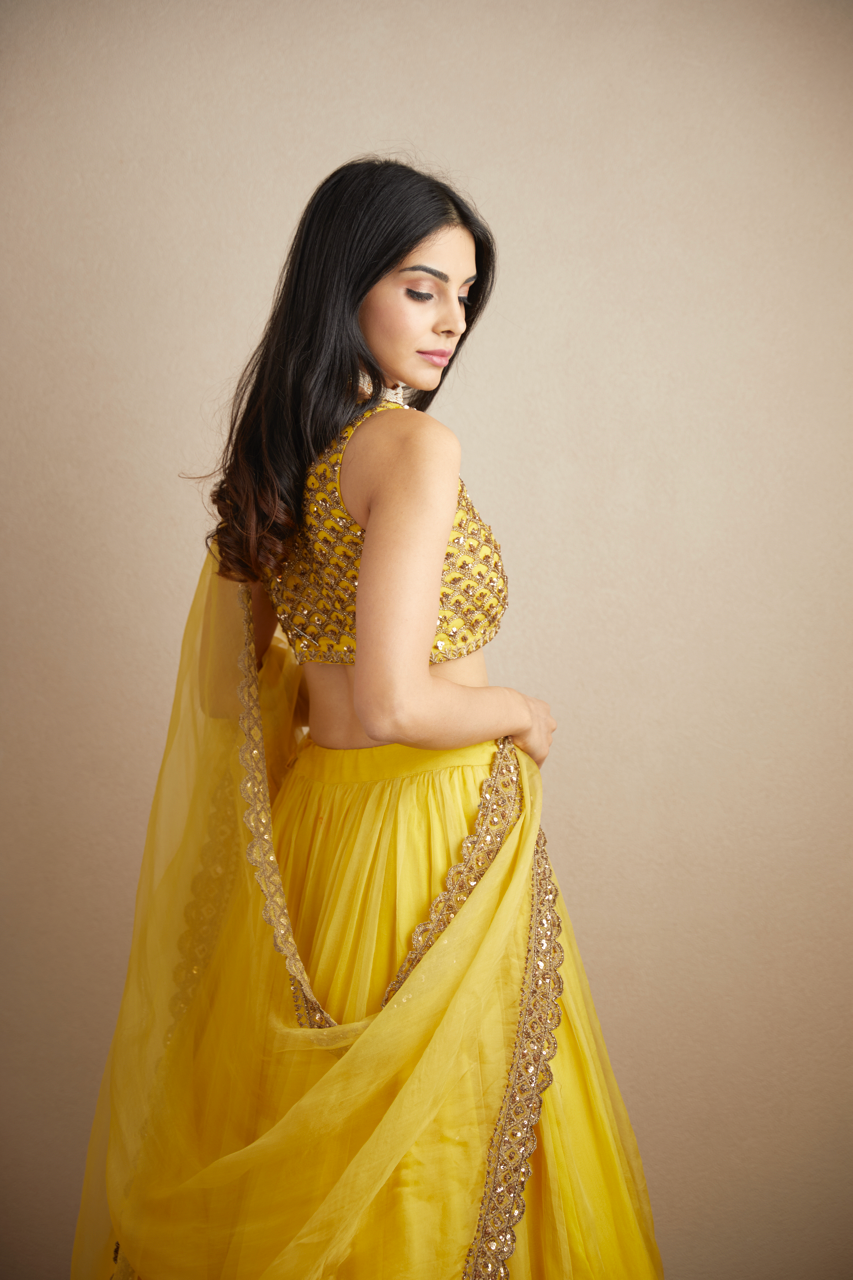 YELLOW ORGANZA SILK LEHENGA SET