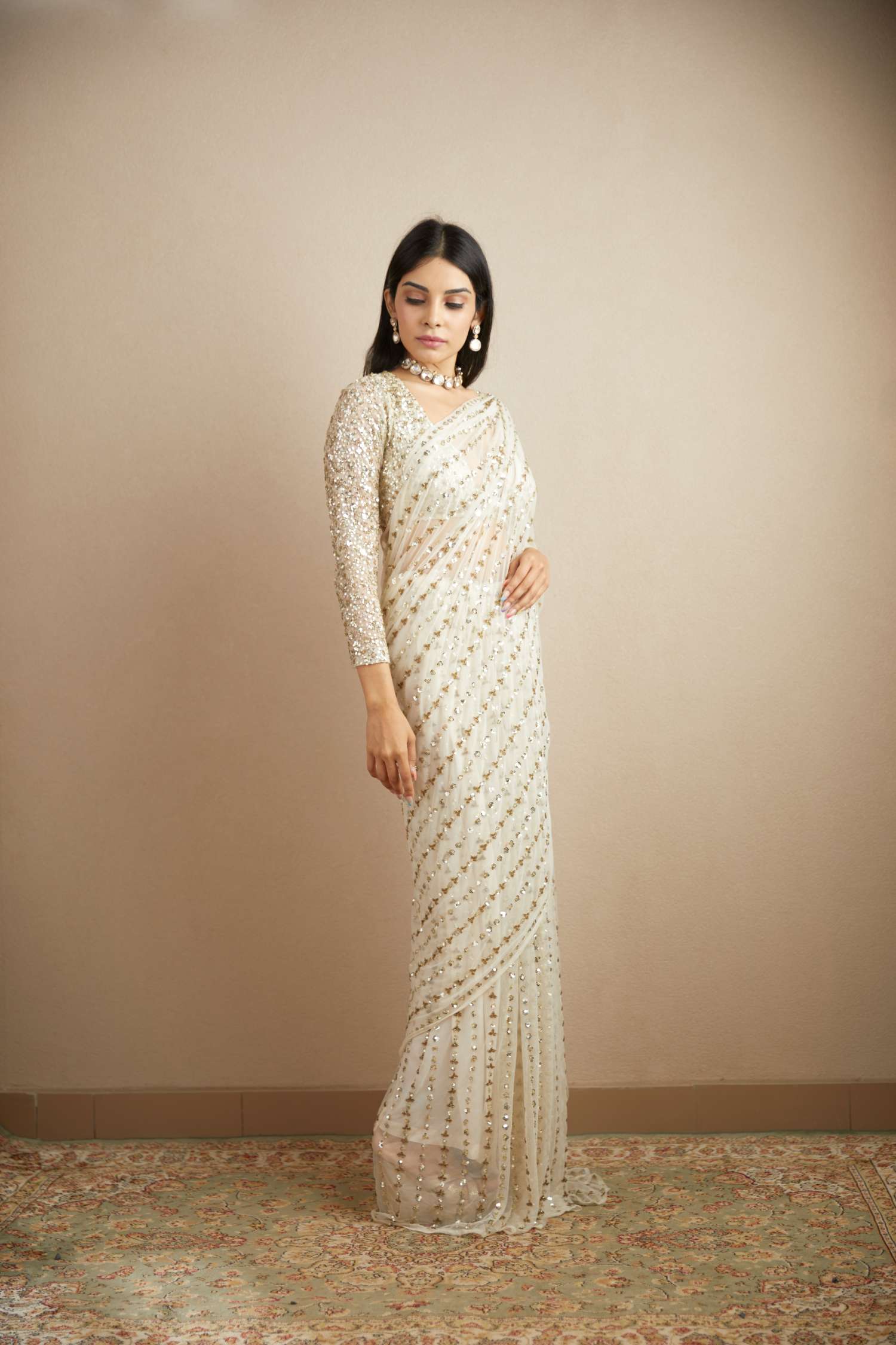 White Net Line Work Saree Set