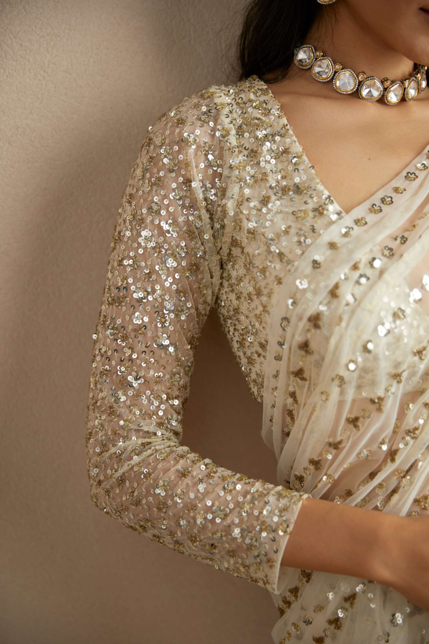 White Net Line Work Saree Set