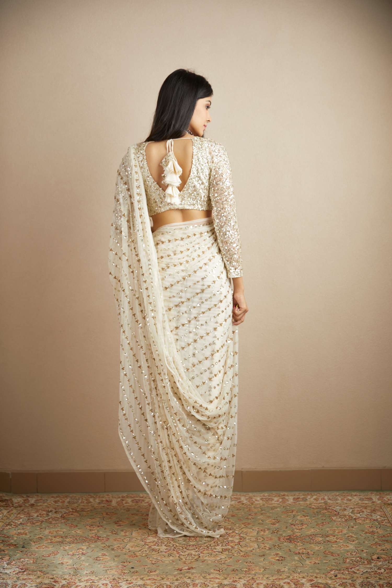 White Net Line Work Saree Set