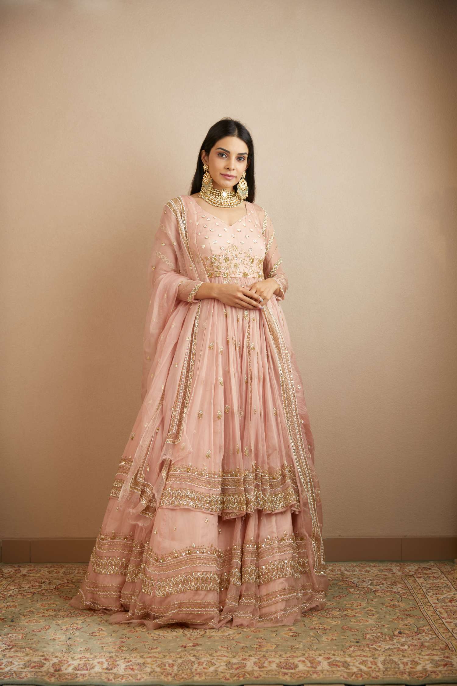 Blush Pink Organza Anarkali With Sharara Set