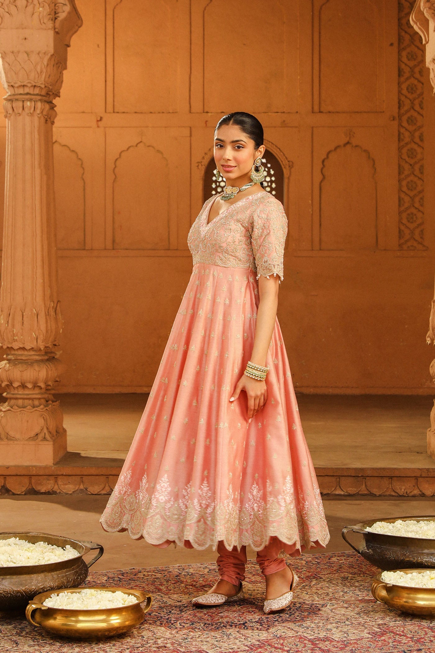 Wasifa - Off Rose Ankle Length Anarkali with Chooridaar and Dupatta