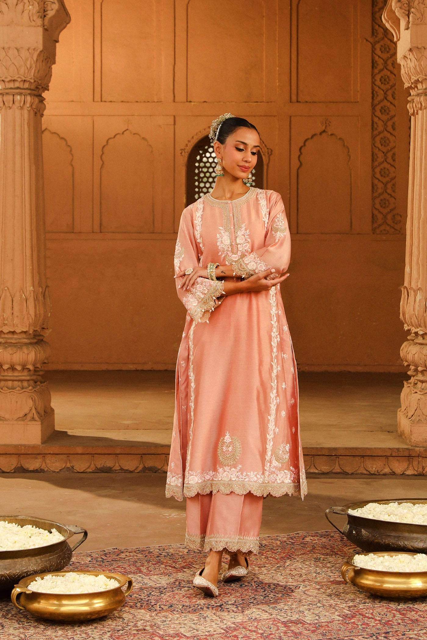 Yasna - Off Rose Long kurta with palazzo and dupatta
