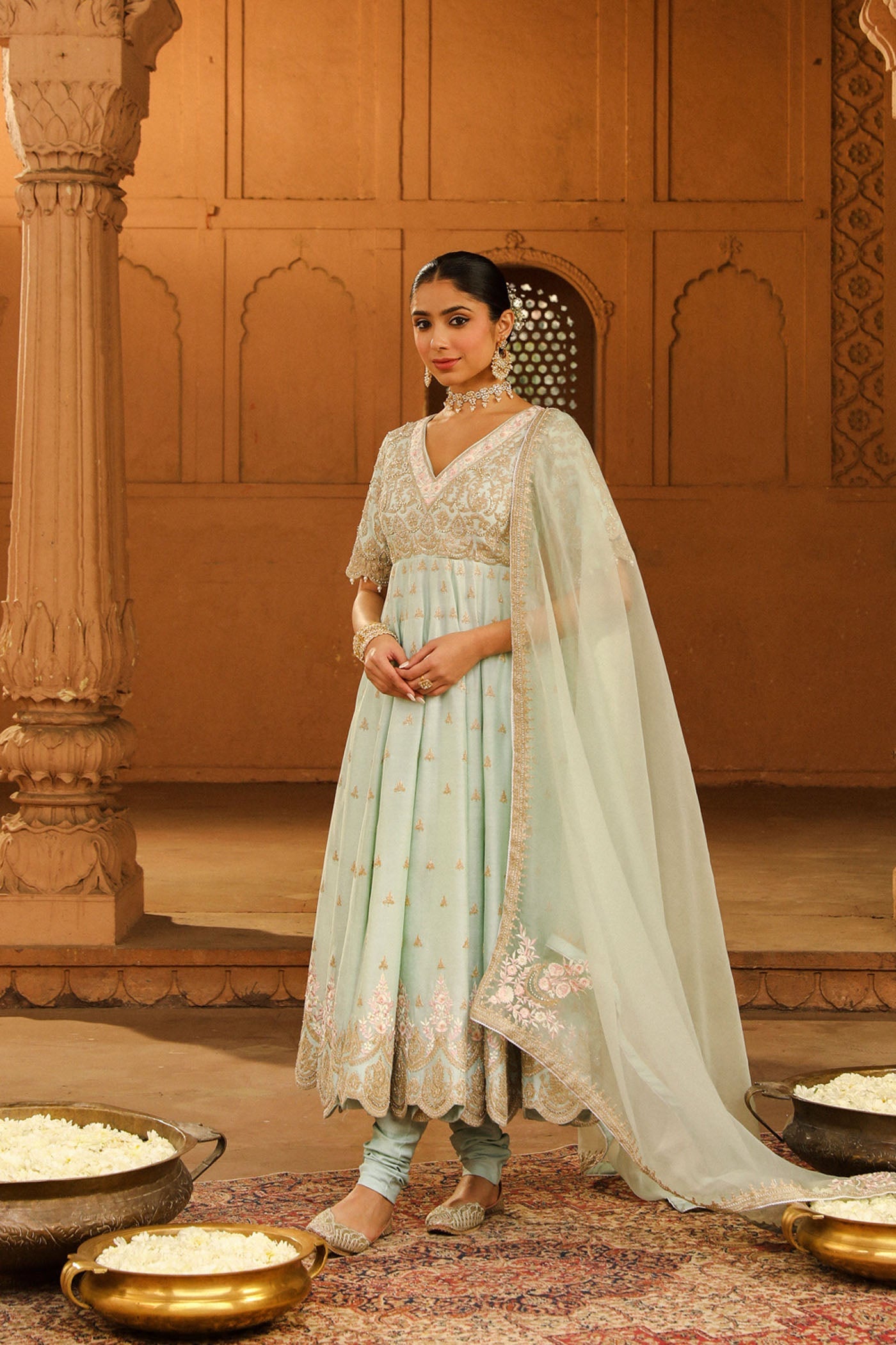 Wasifa - Misty Green Ankle Length Anarkali with Chooridaar and Dupatta