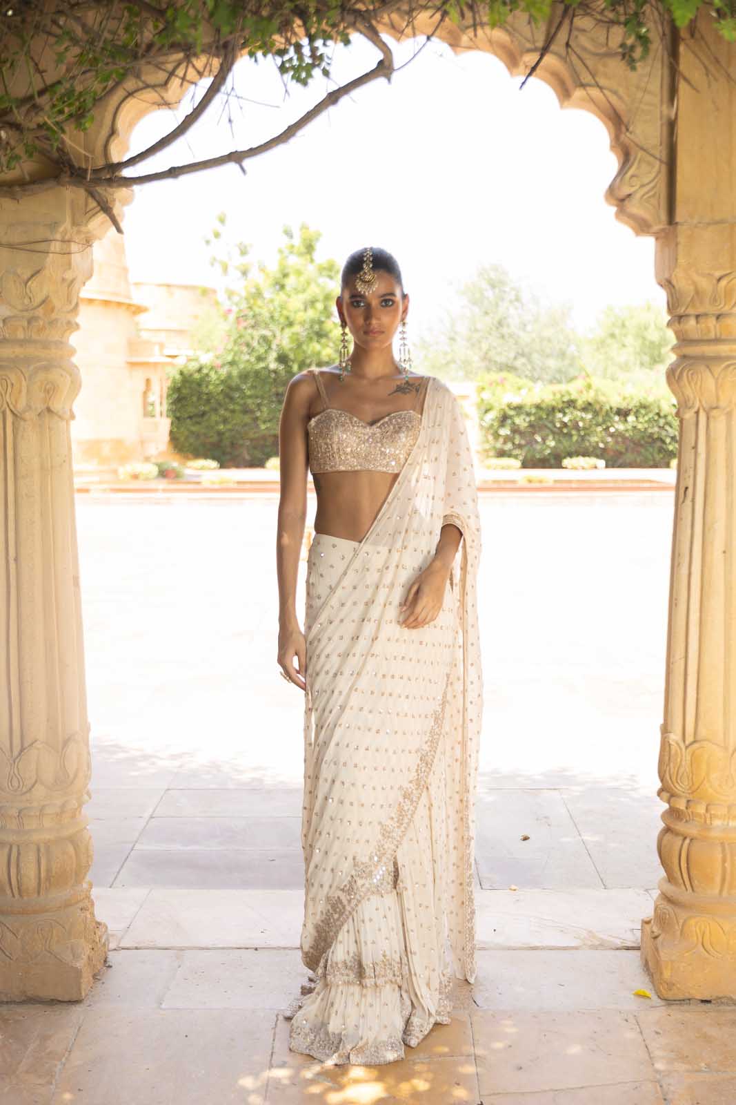 Coconut & rose gold hand embroidered sari set