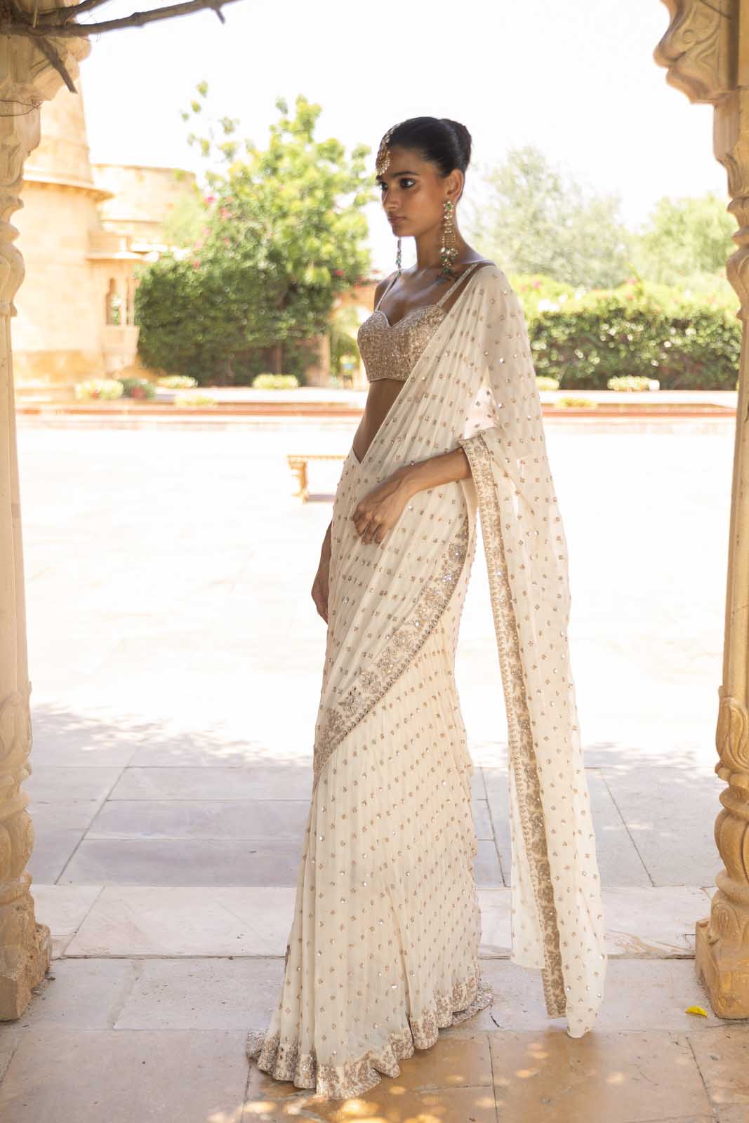 Coconut & rose gold hand embroidered sari set