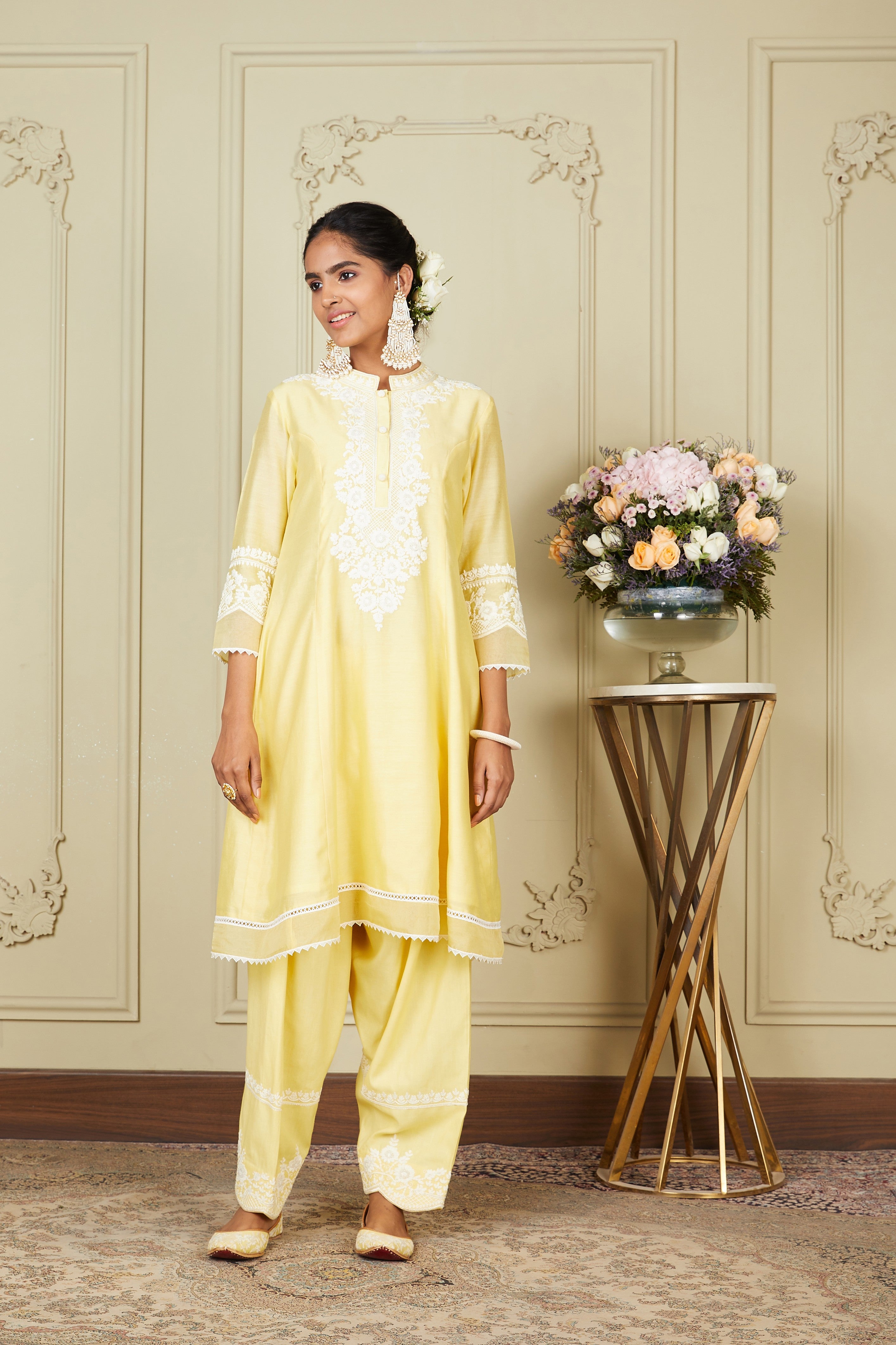 Ryhana - Lemon Yellow Princess-cut short kurta with salwar and dupatta