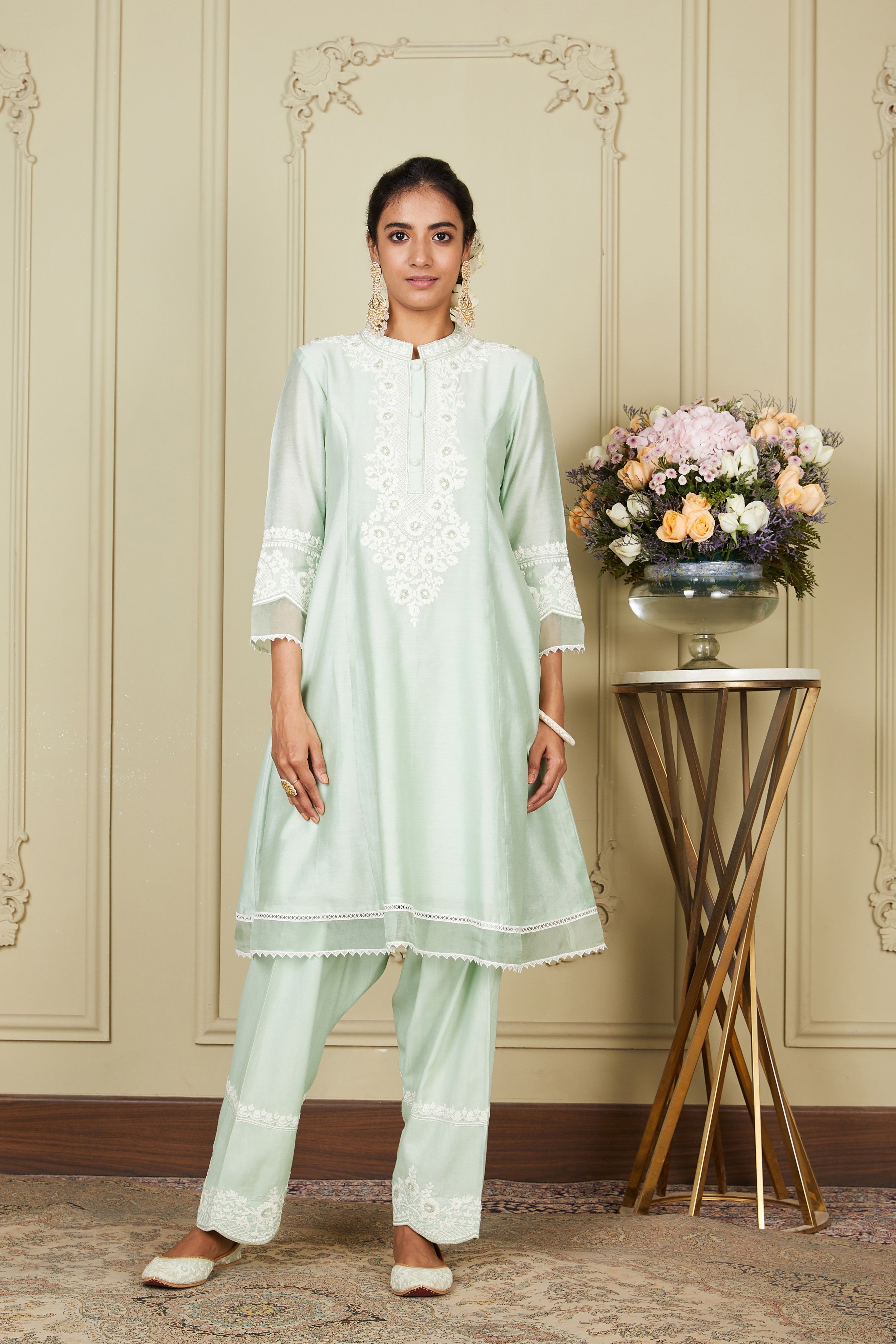 Ryhana - Frosty Green Princess-cut short kurta with salwar and dupatta
