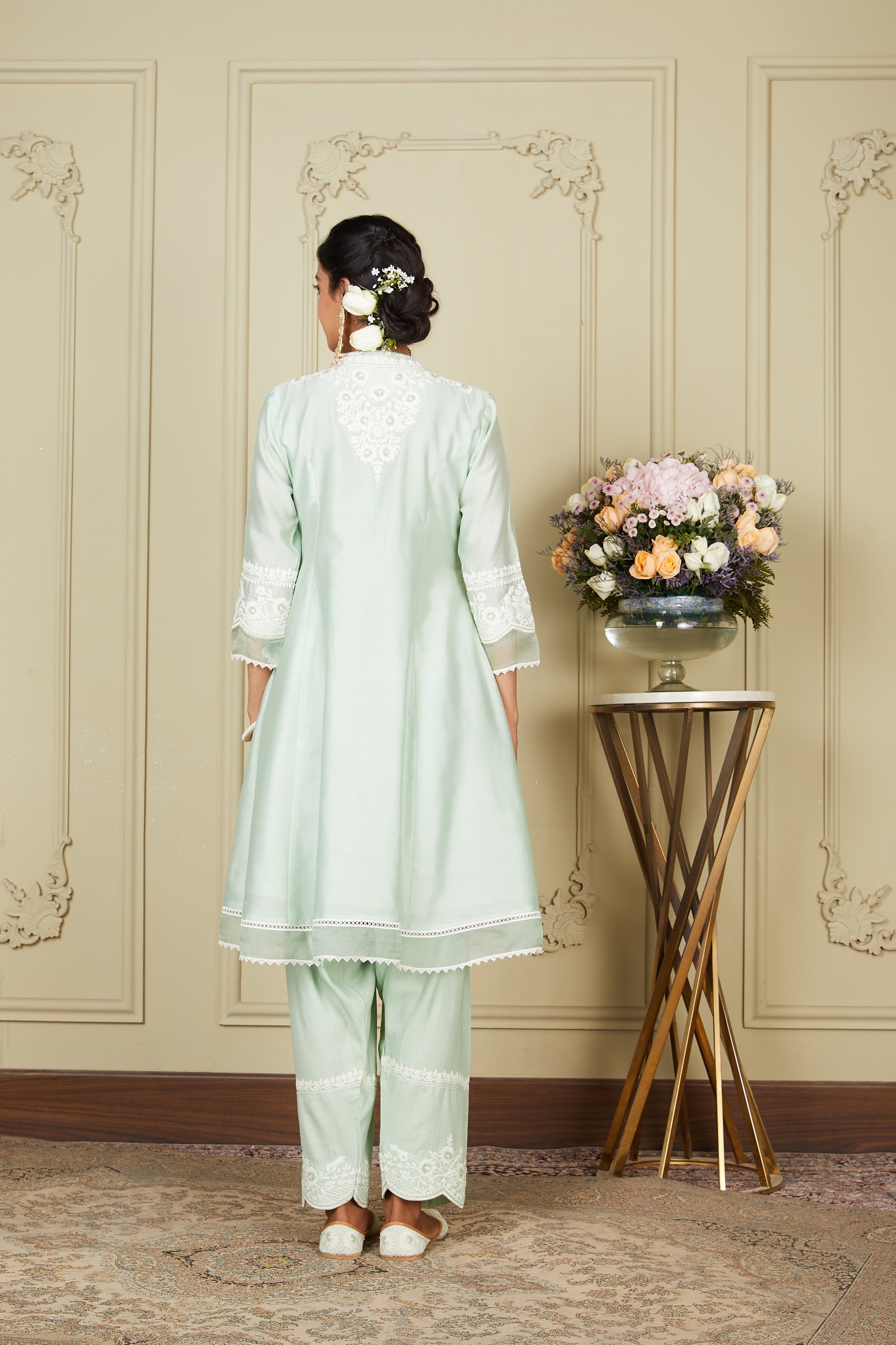 Ryhana - Frosty Green Princess-cut short kurta with salwar and dupatta