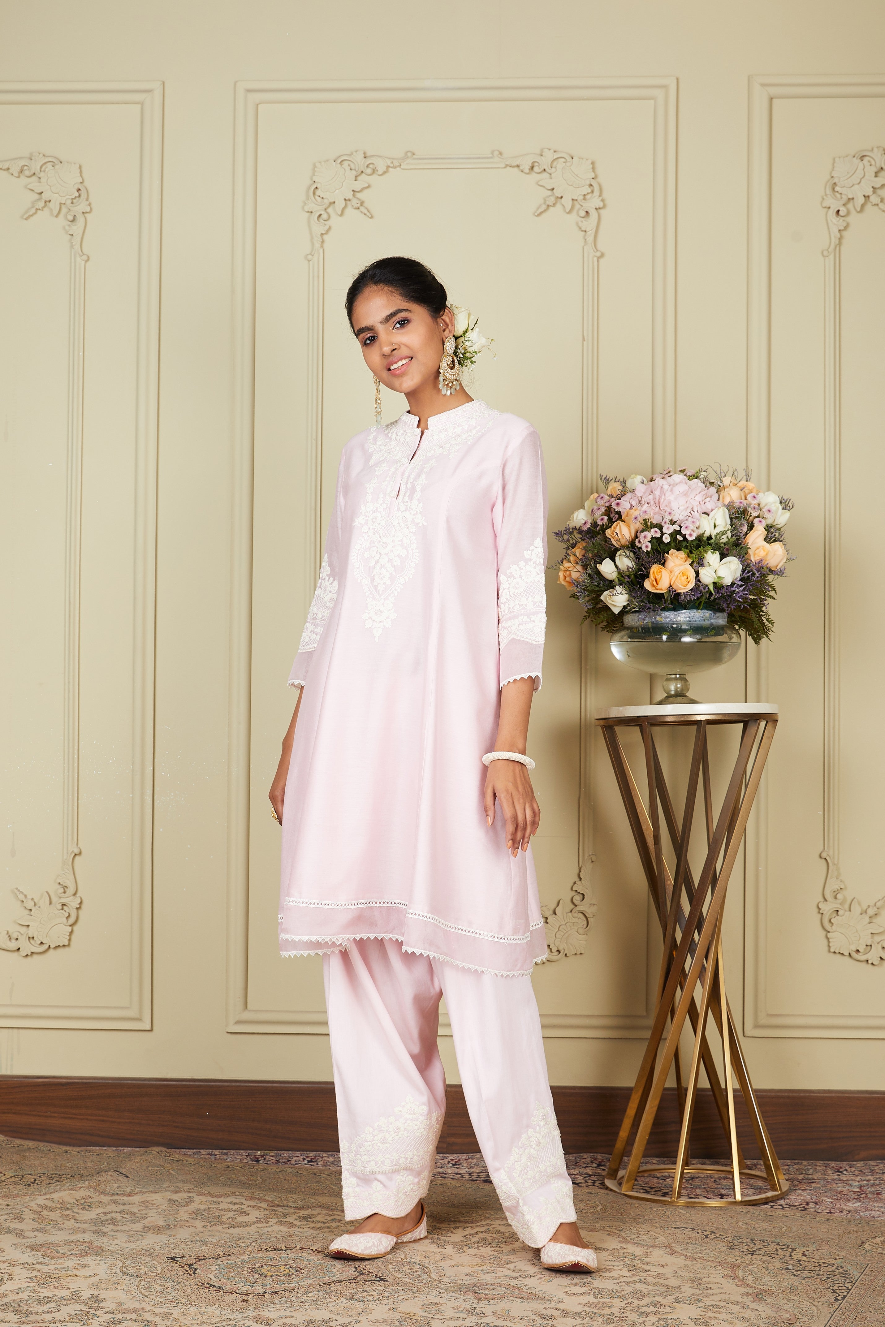 Ruzena - Pearl Blush Princess-cut short kurta with salwar and dupatta
