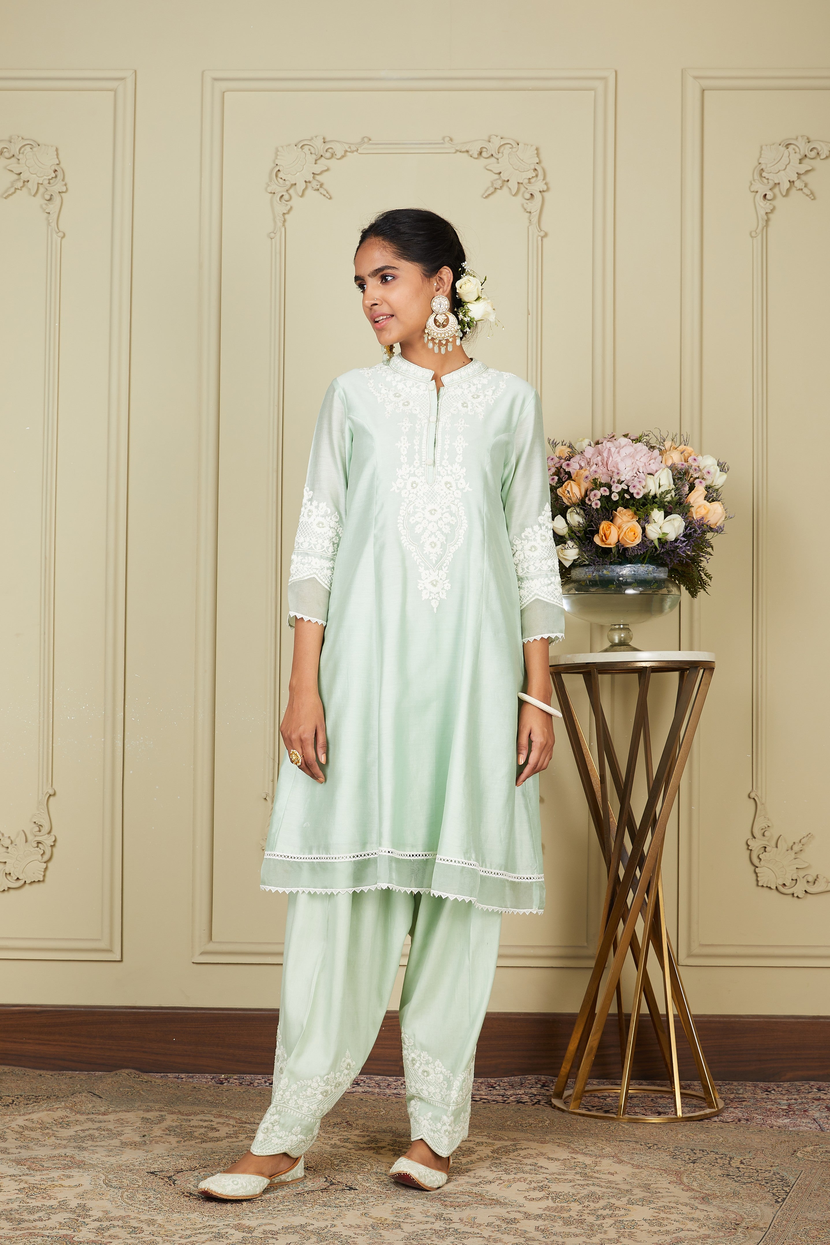 Ruzena - Frosty Green Princess-cut short kurta with salwar and dupatta