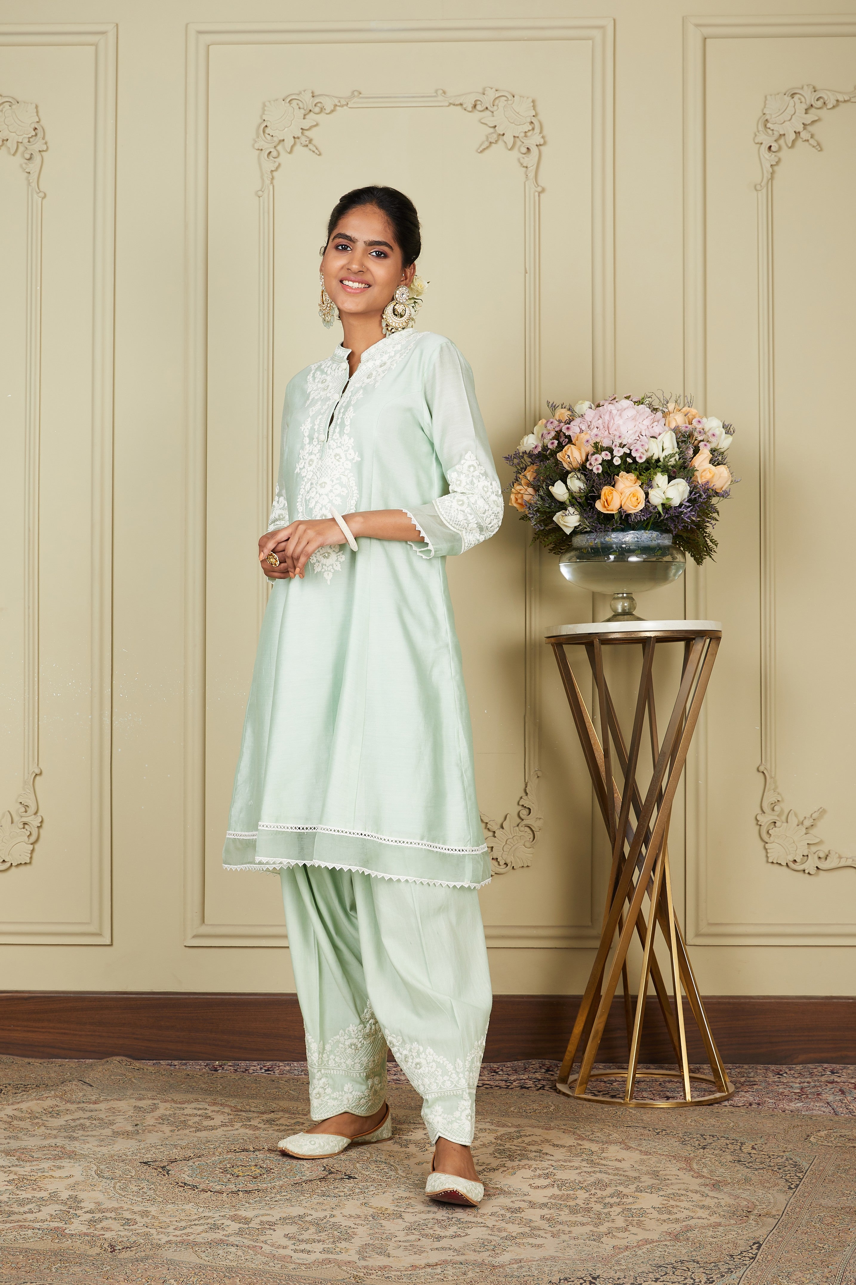 Ruzena - Frosty Green Princess-cut short kurta with salwar and dupatta