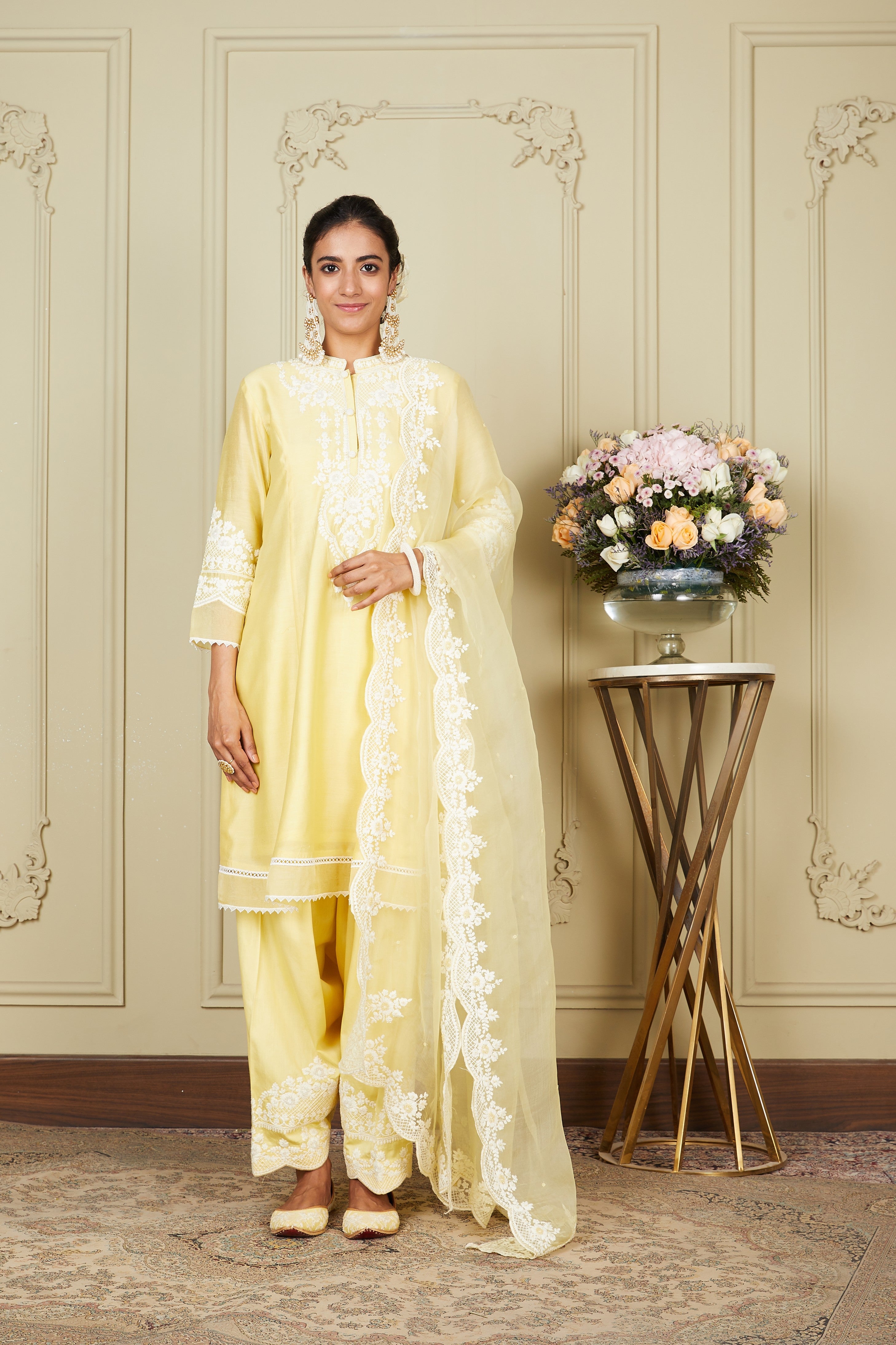 Ruzena - Lemon Yellow Princess-cut short kurta with salwar and dupatta