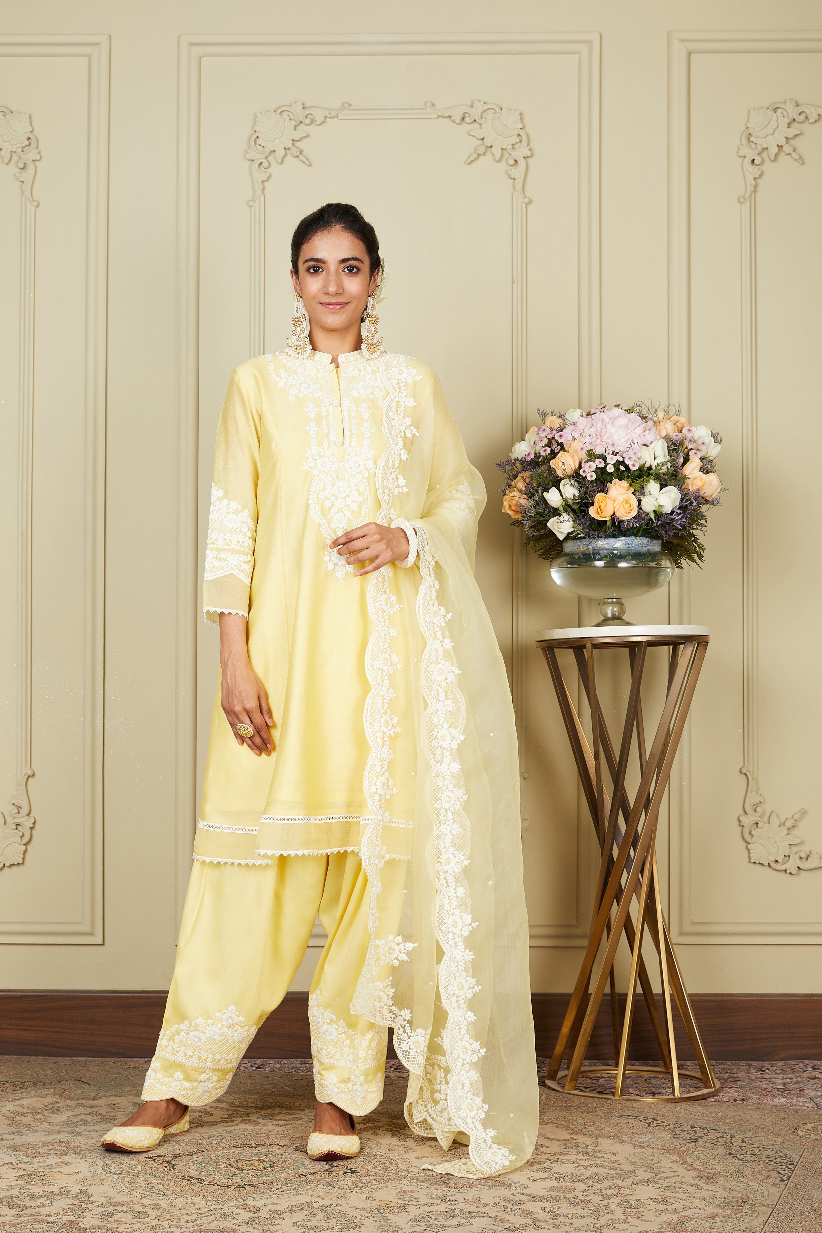 Ruzena - Lemon Yellow Princess-cut short kurta with salwar and dupatta