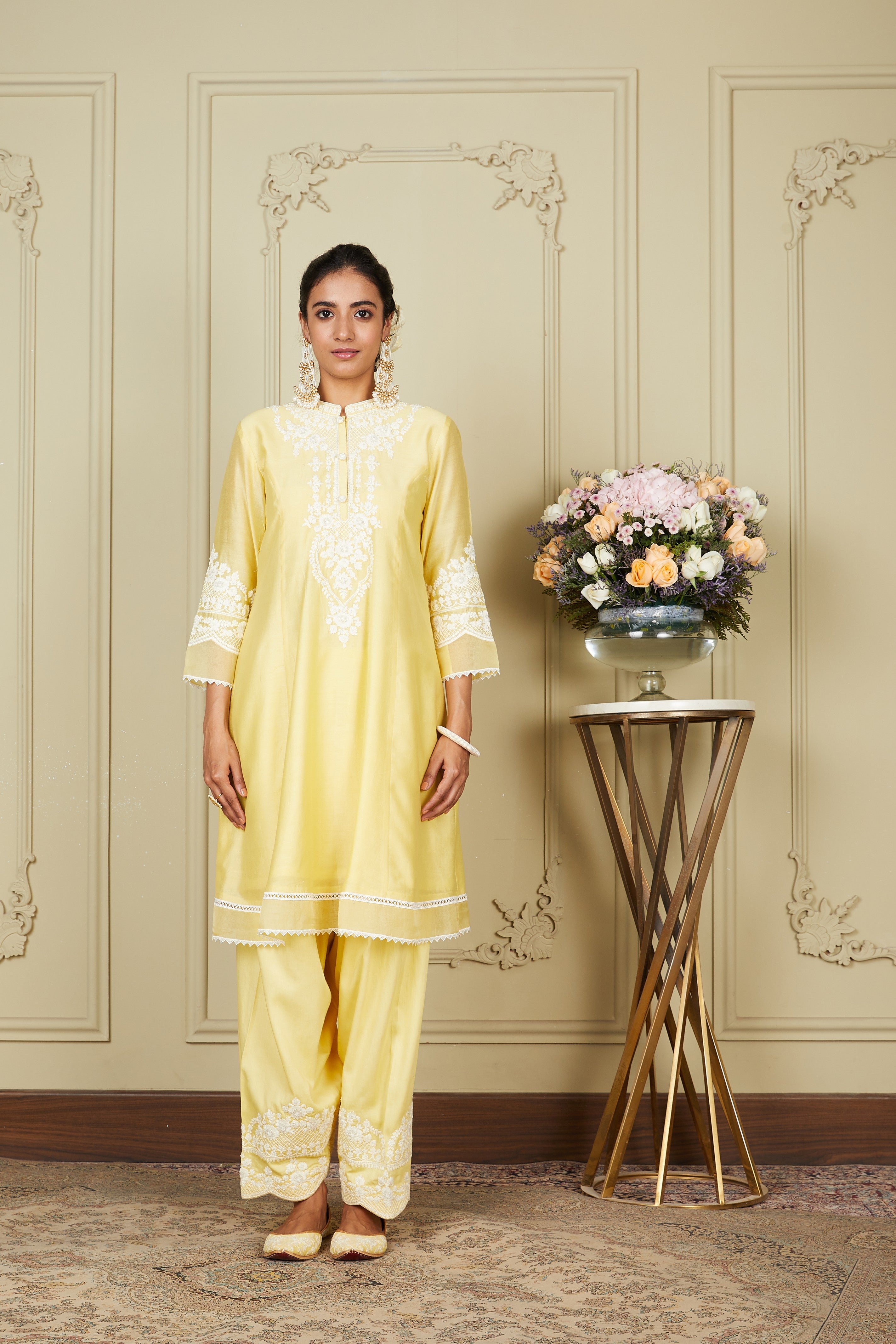 Ruzena - Lemon Yellow Princess-cut short kurta with salwar and dupatta