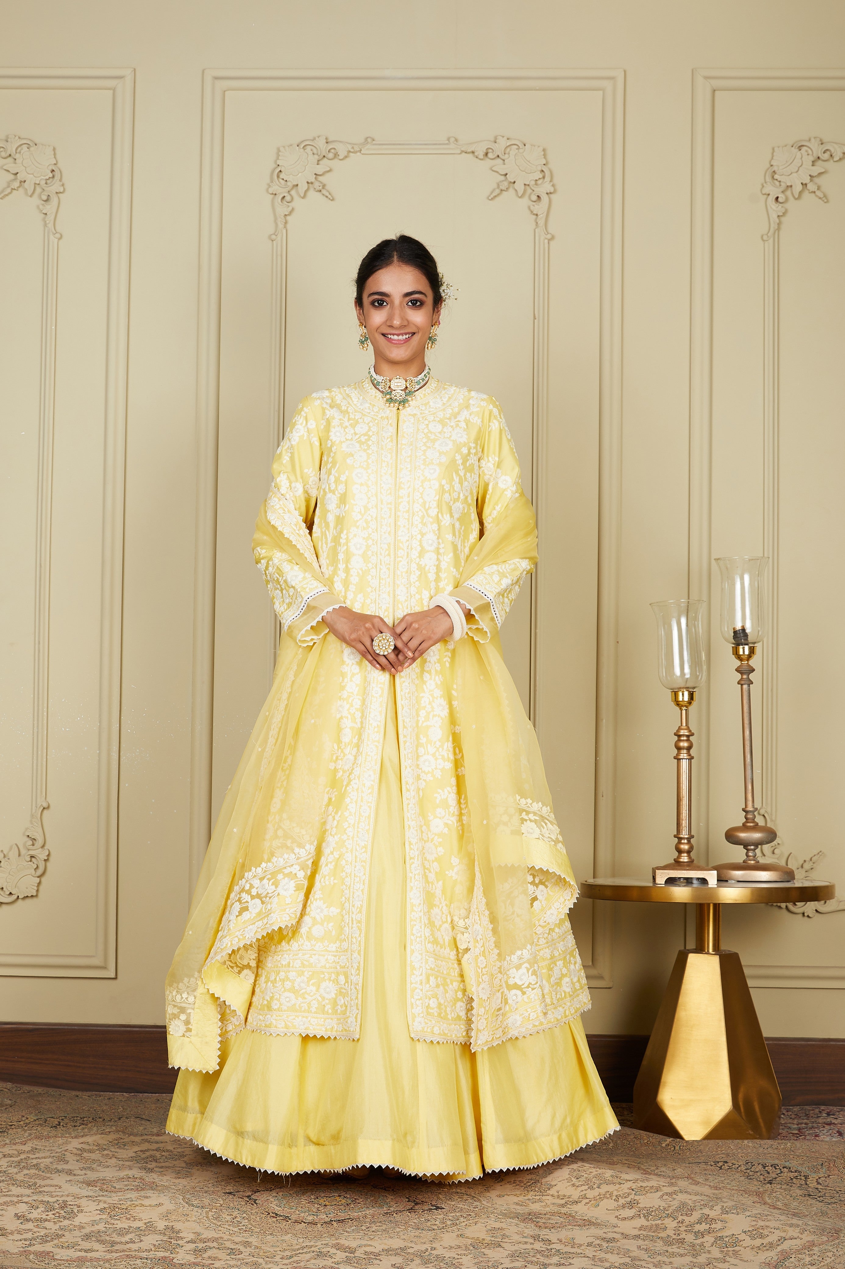 Zahria - Lemon Yellow Jacket, lehenga with blouse and dupatta