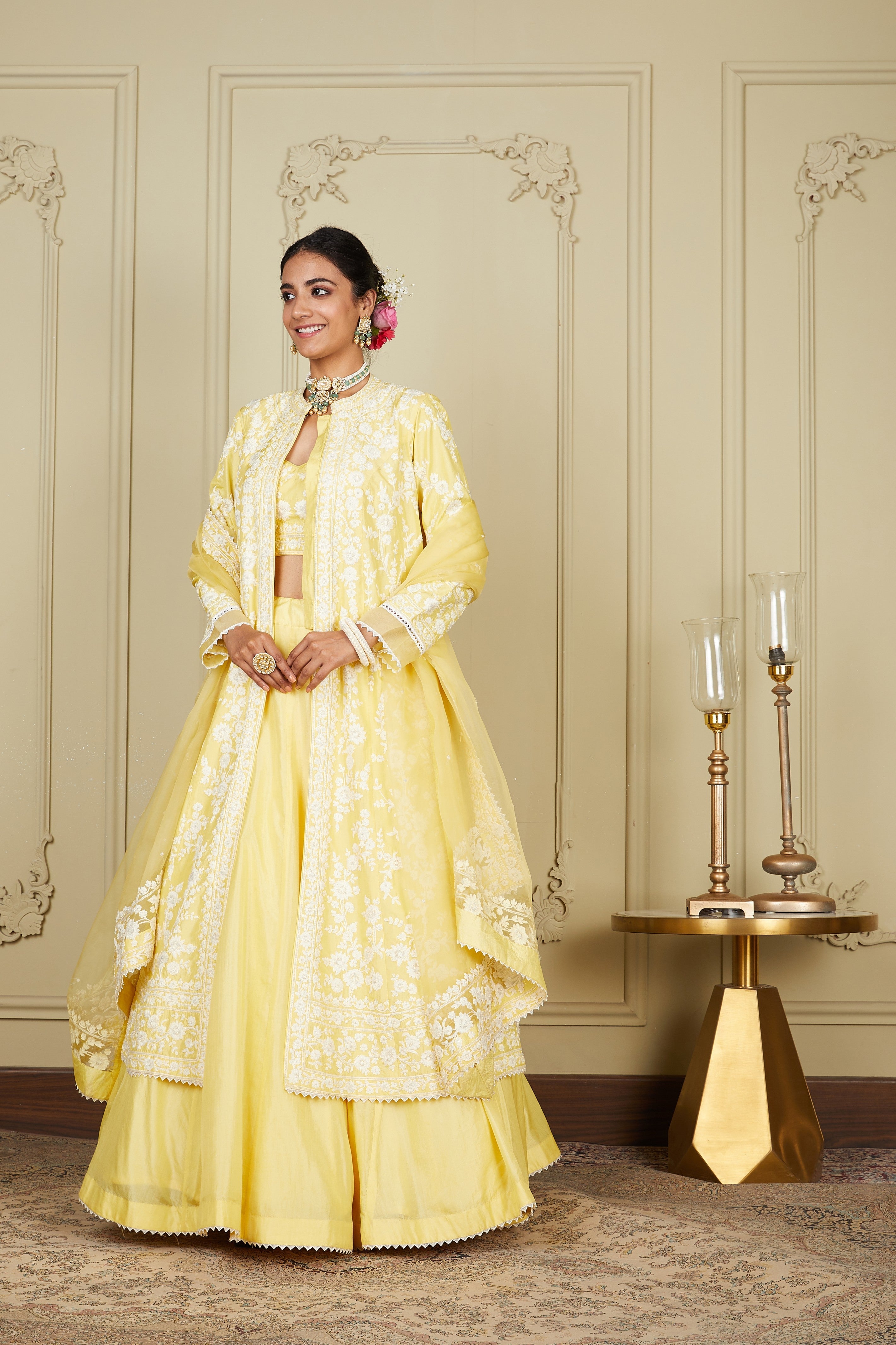 Zahria - Lemon Yellow Jacket, lehenga with blouse and dupatta