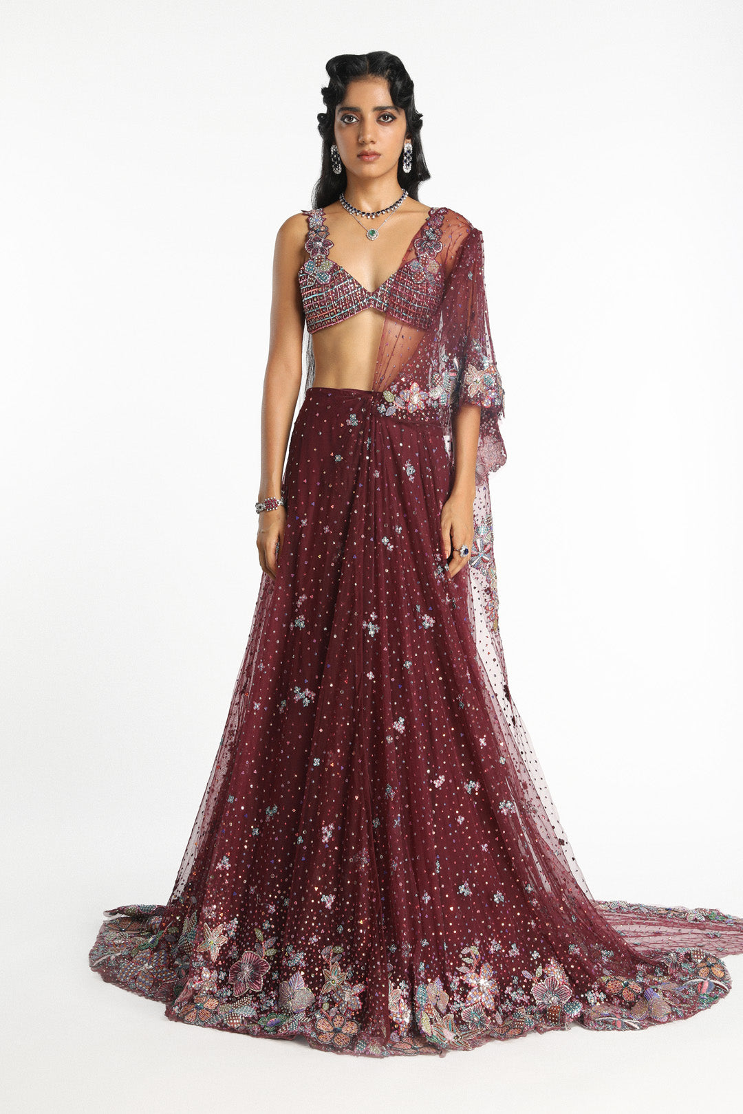 Mireille - Plum Tulle Net Saree Lehenga Set
