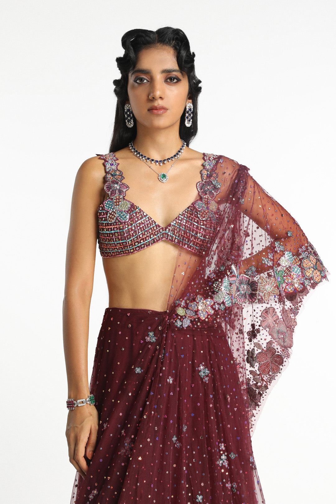 Mireille - Plum Tulle Net Saree Lehenga Set