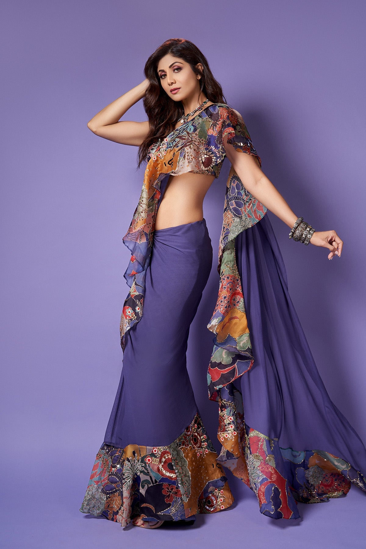 Shilpa Shetty In Indigo - Violet Georgette Ruffle Saree Set