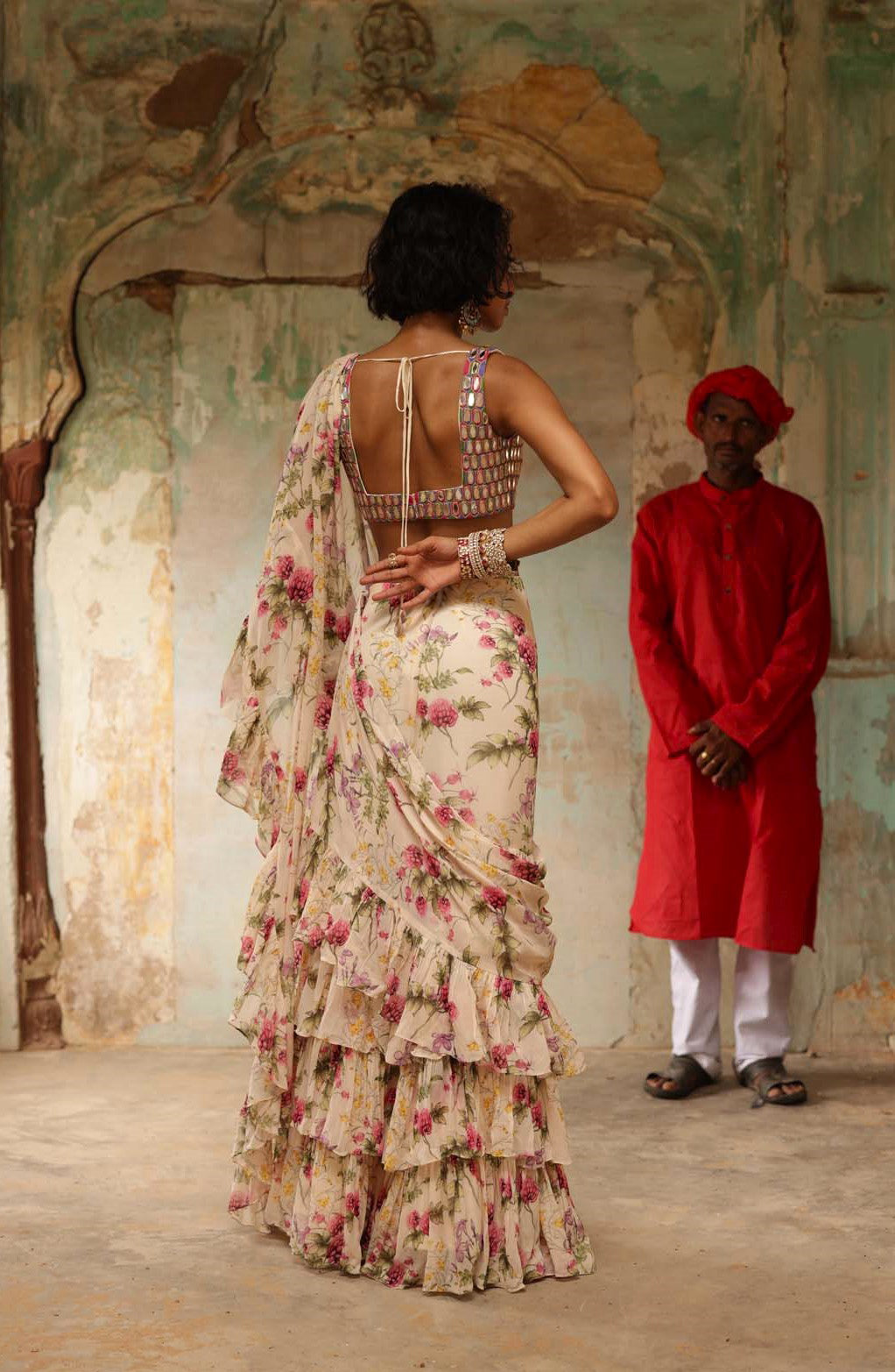 Coconut pine print ruffe sari set