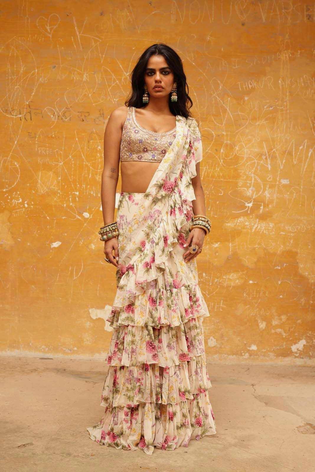 Coconut pine print ruffle sari set