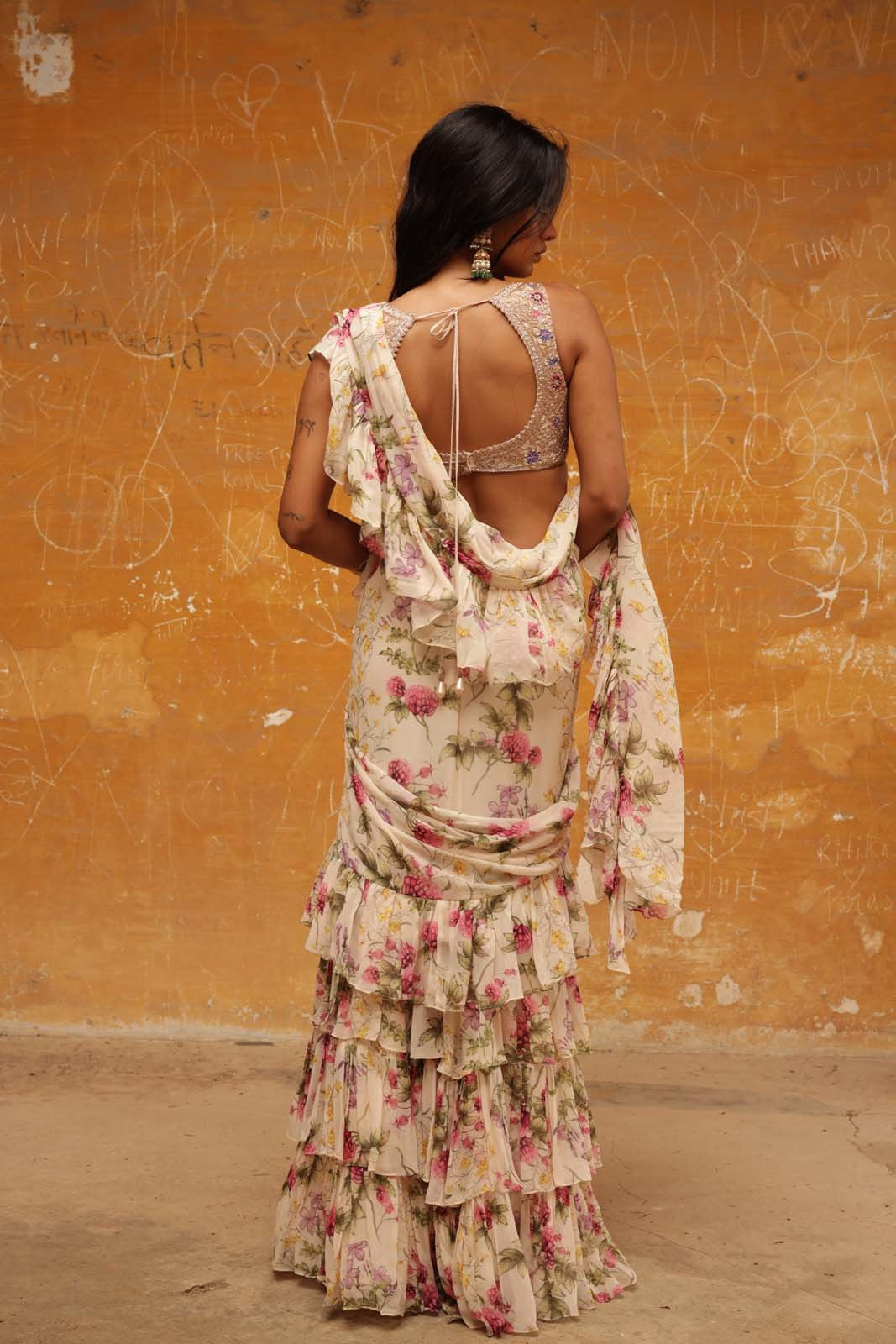 Coconut pine print ruffle sari set