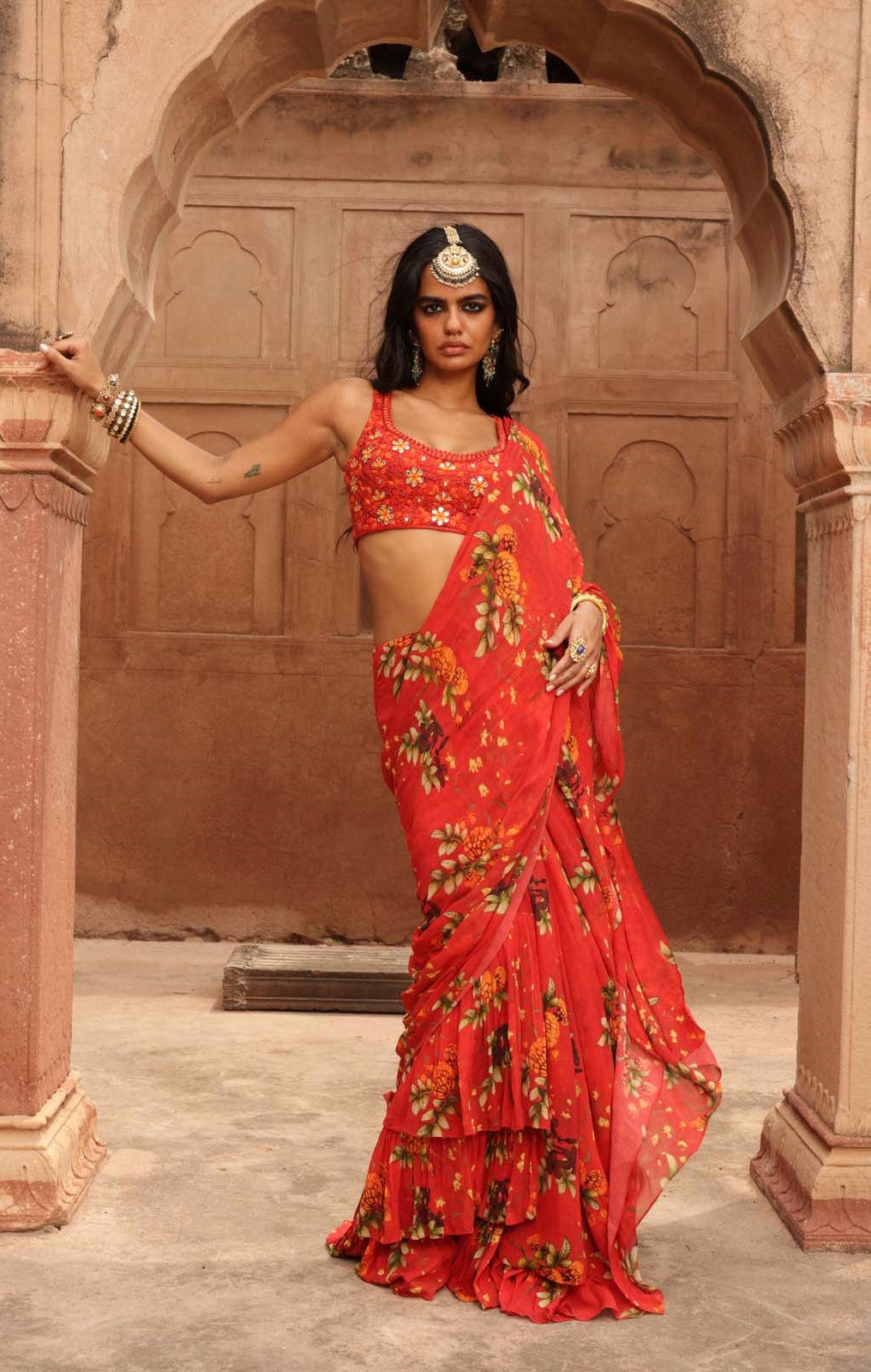 Sindoori pine print hand embroidered sari set