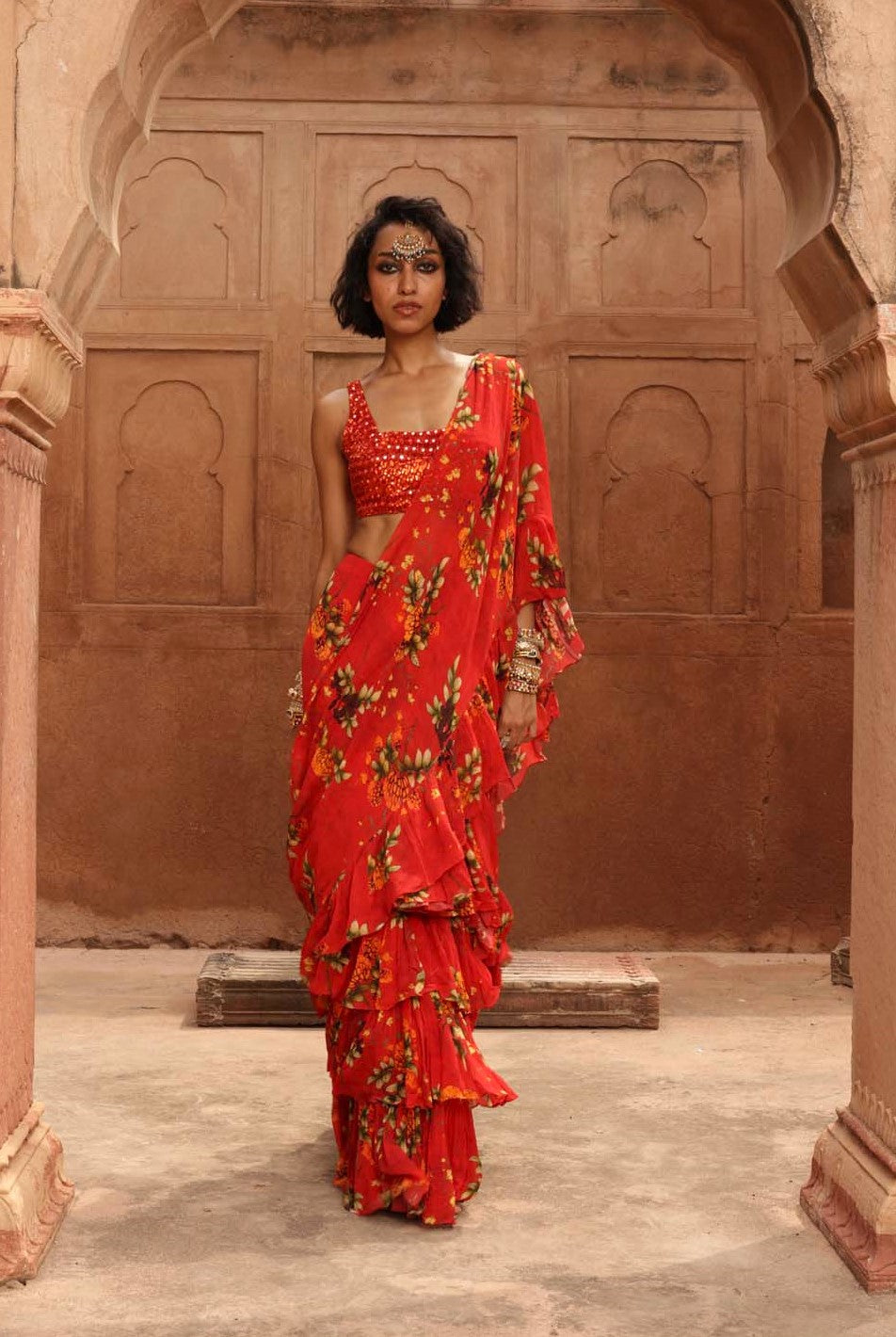 Sindoori pine print ruffle sari set
