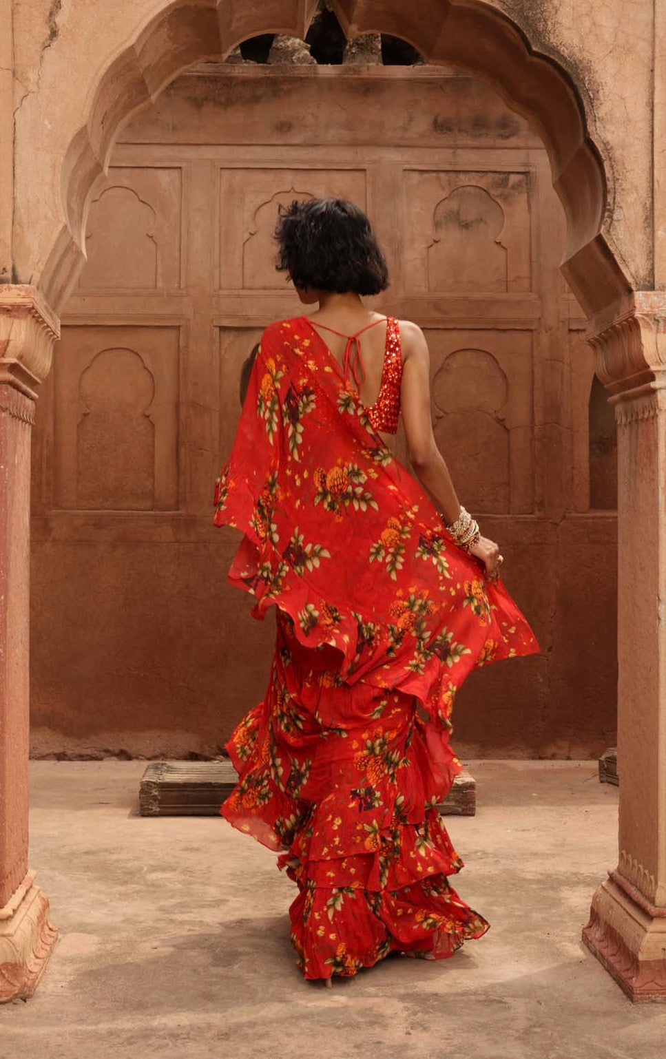 Sindoori pine print ruffle sari set
