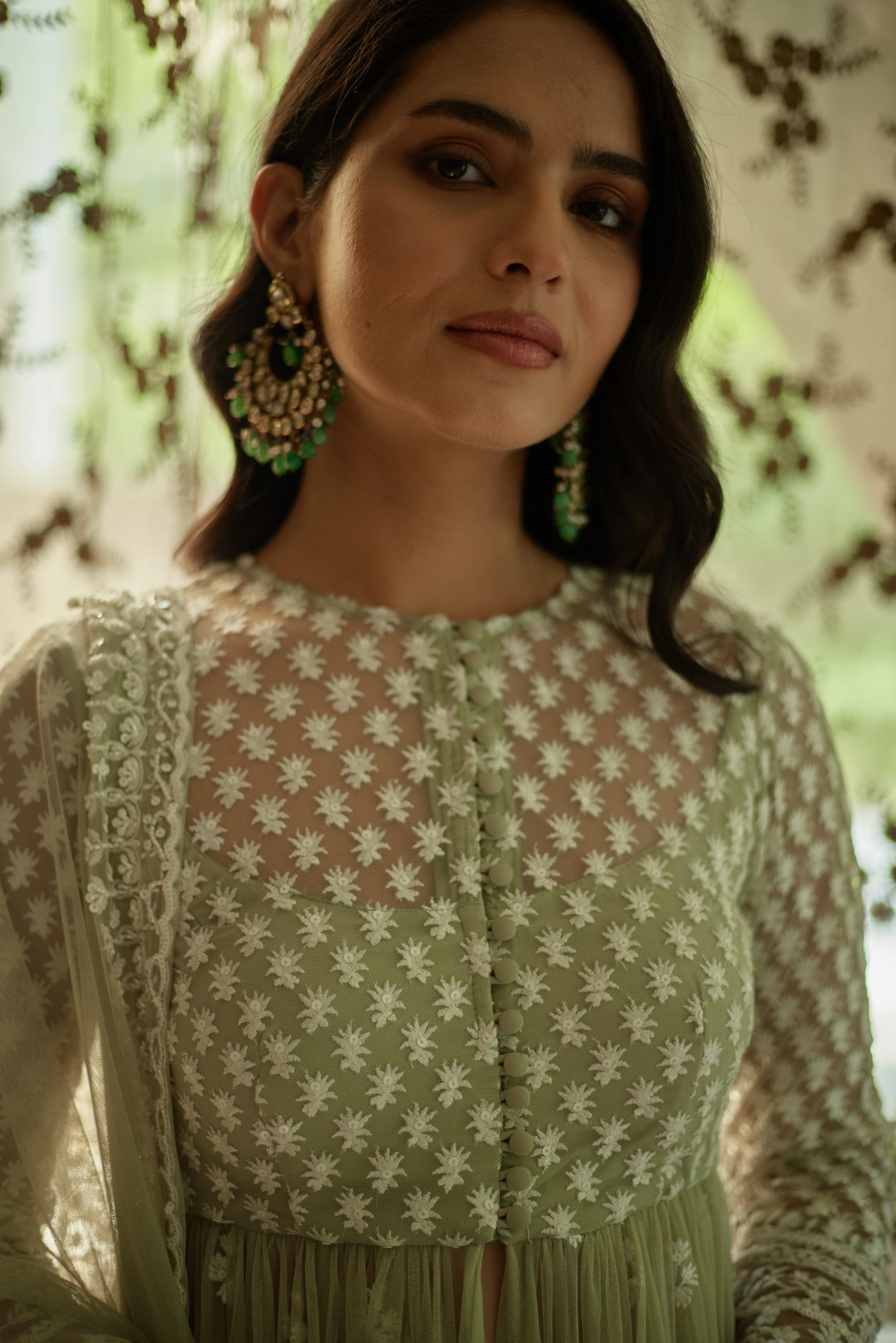 Sage Green With White Thread Work Jacket And Sharara Set