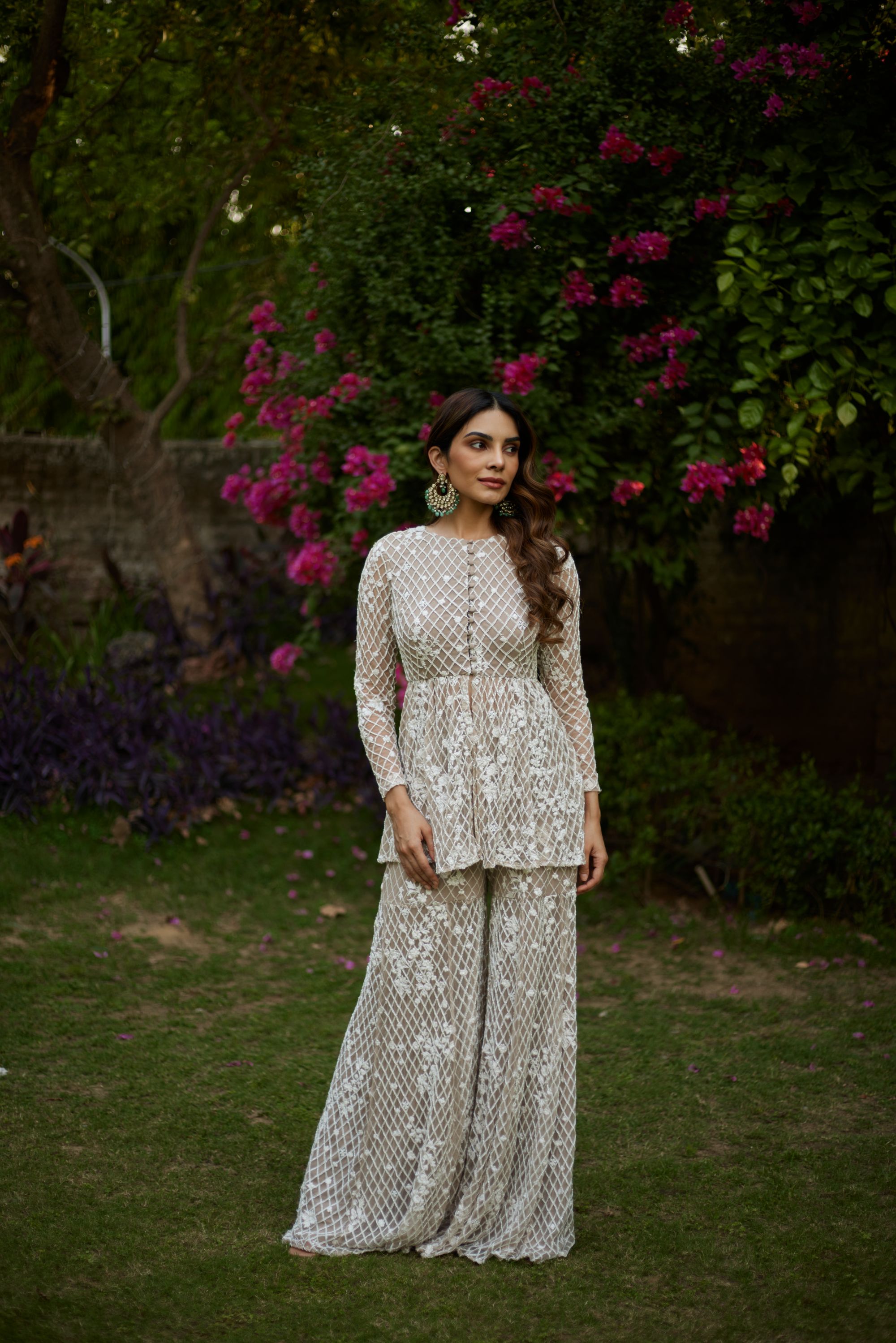 Grey With White Moti Work Peplum And Pants