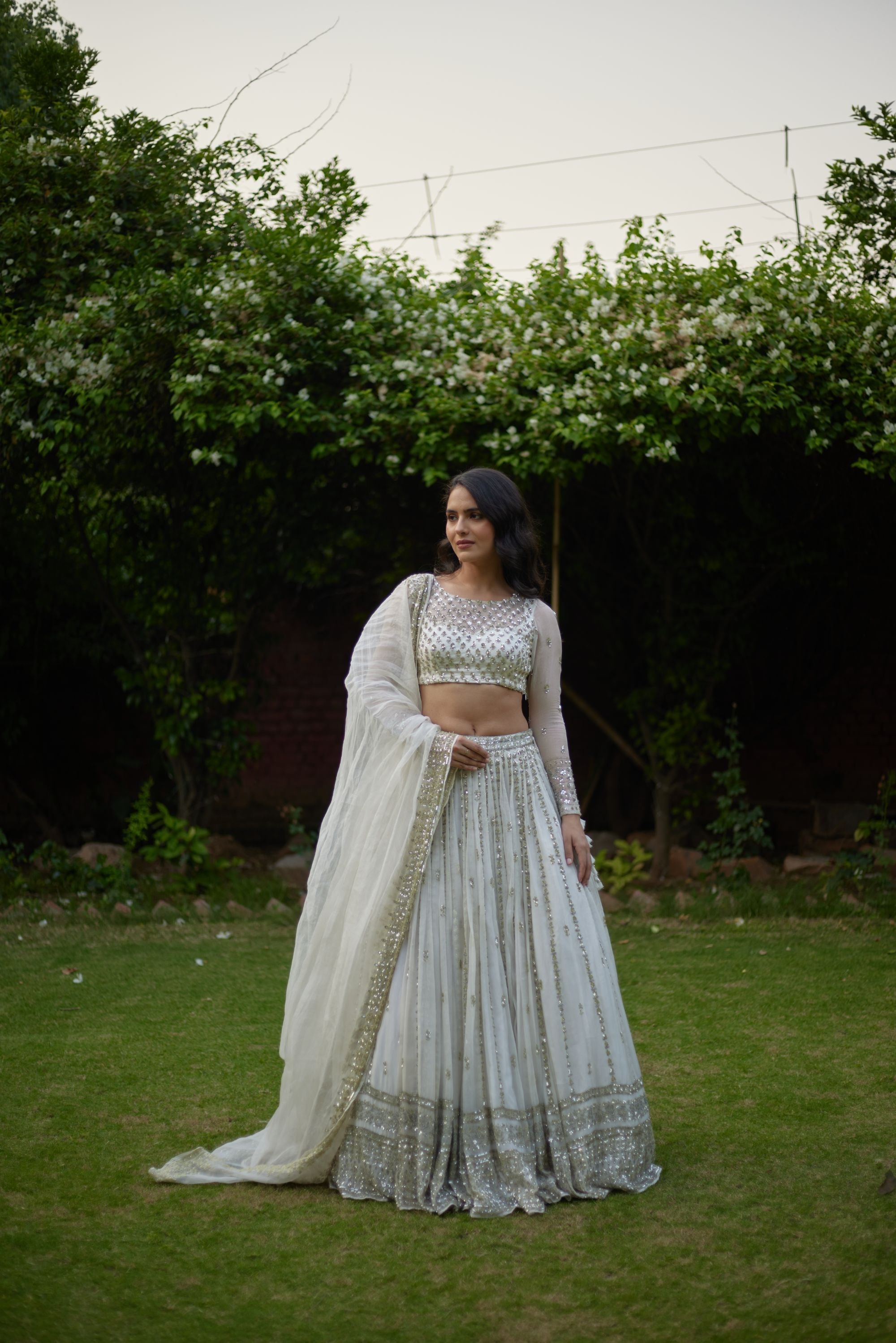 Off White Heavy Line Work Lehenga Set