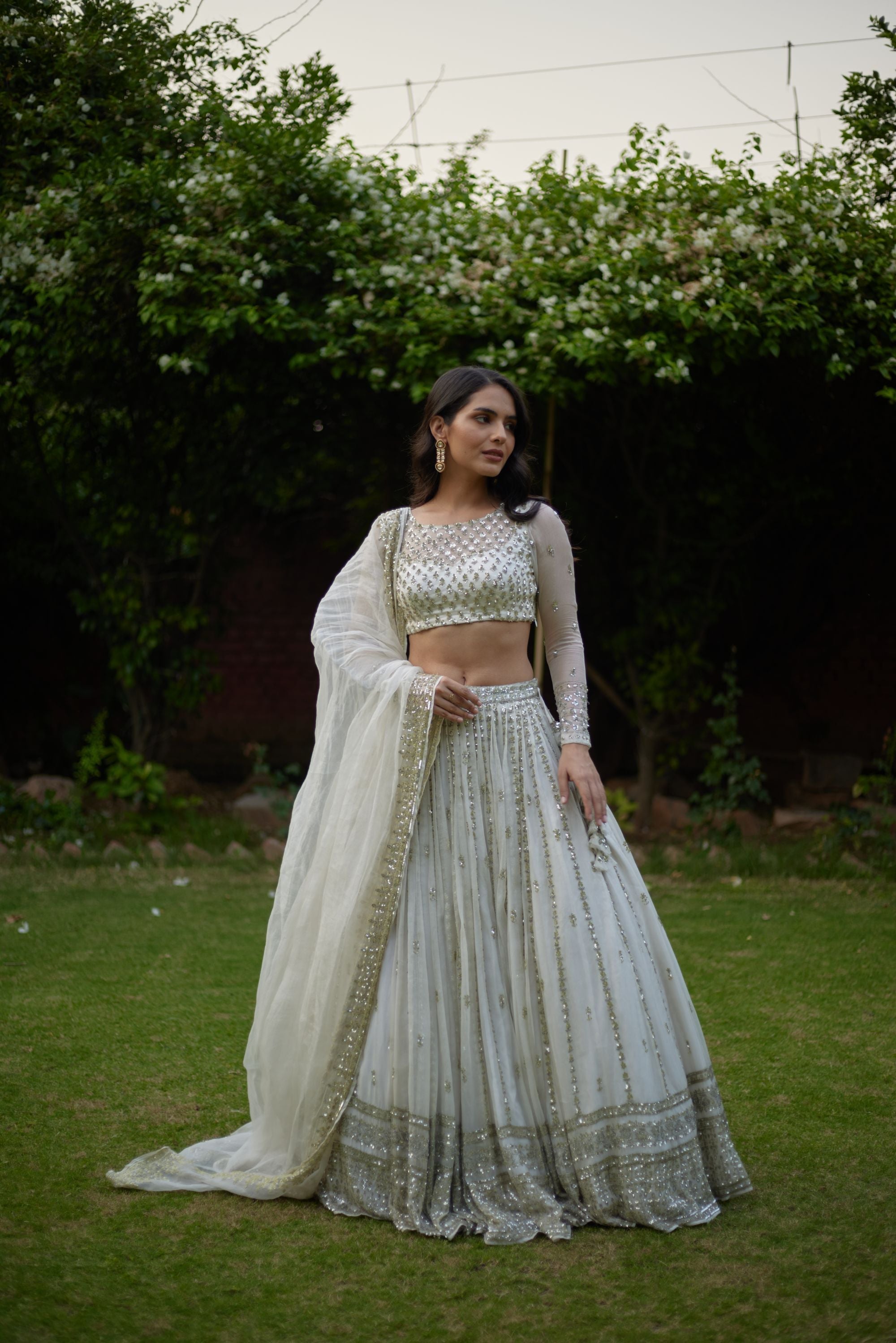 Off White Heavy Line Work Lehenga Set