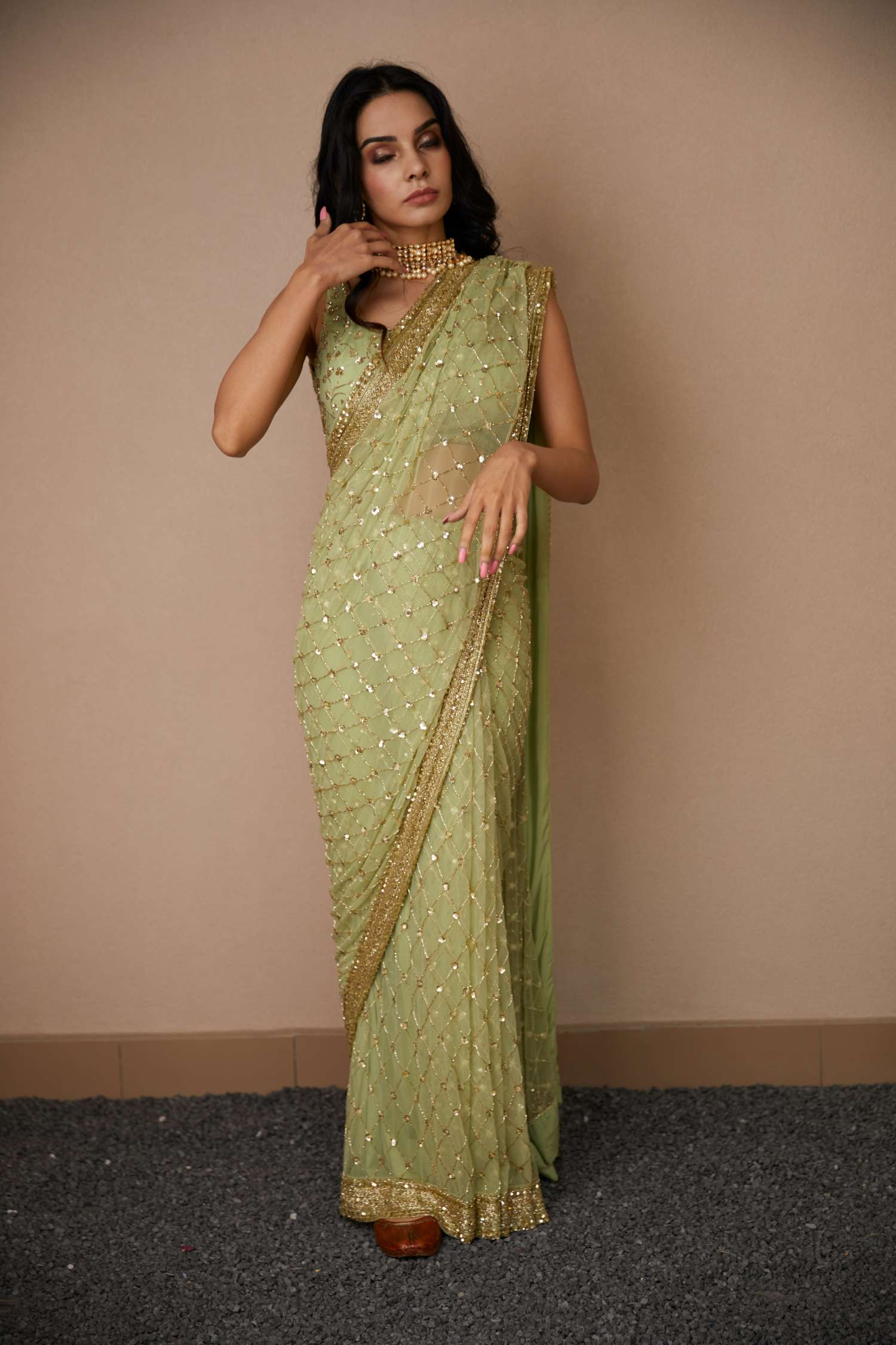 Mint Green Jaal Cut Work Saree Set