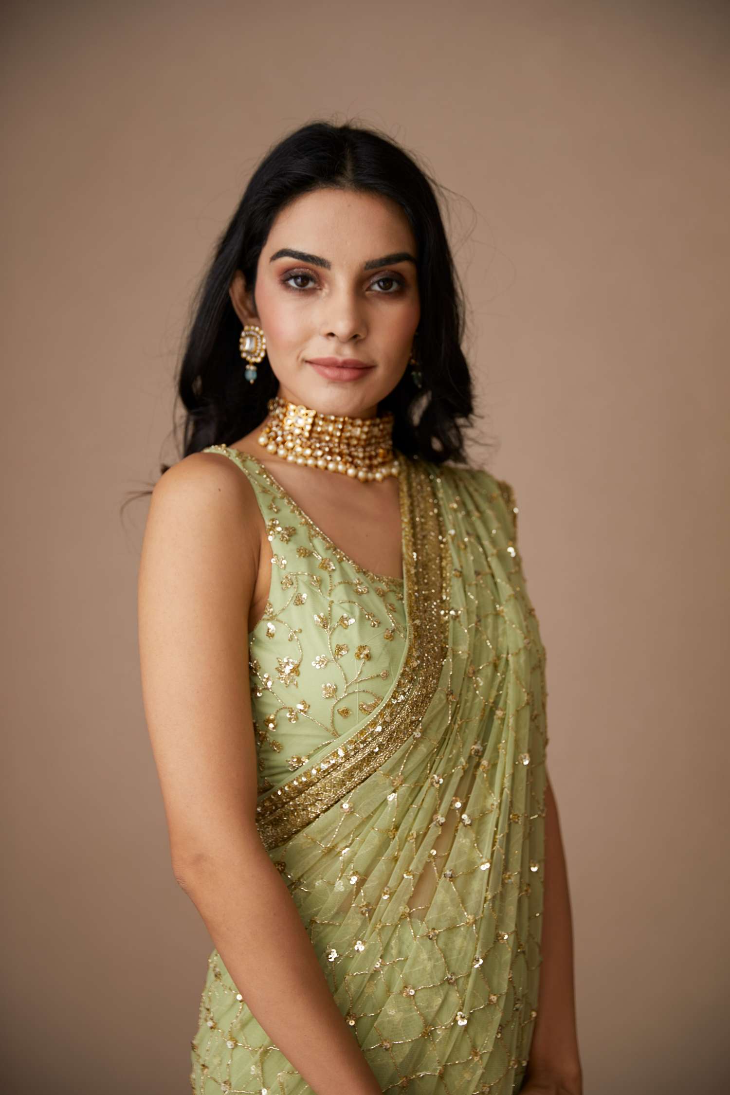 Mint Green Jaal Cut Work Saree Set
