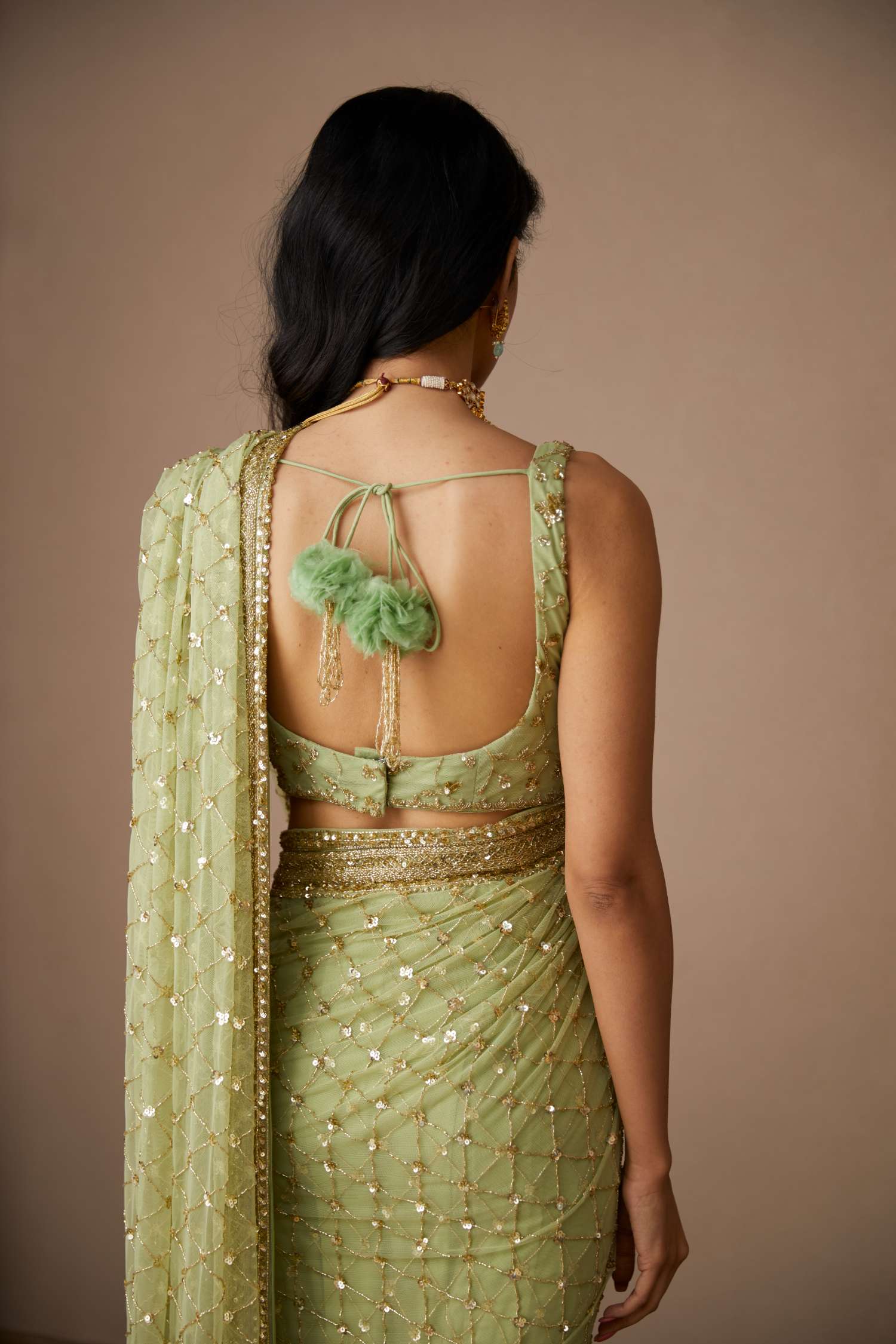 Mint Green Jaal Cut Work Saree Set