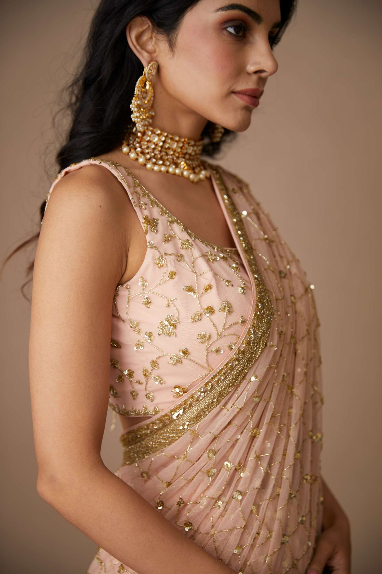 Pink Jaal Cut Work Saree Set