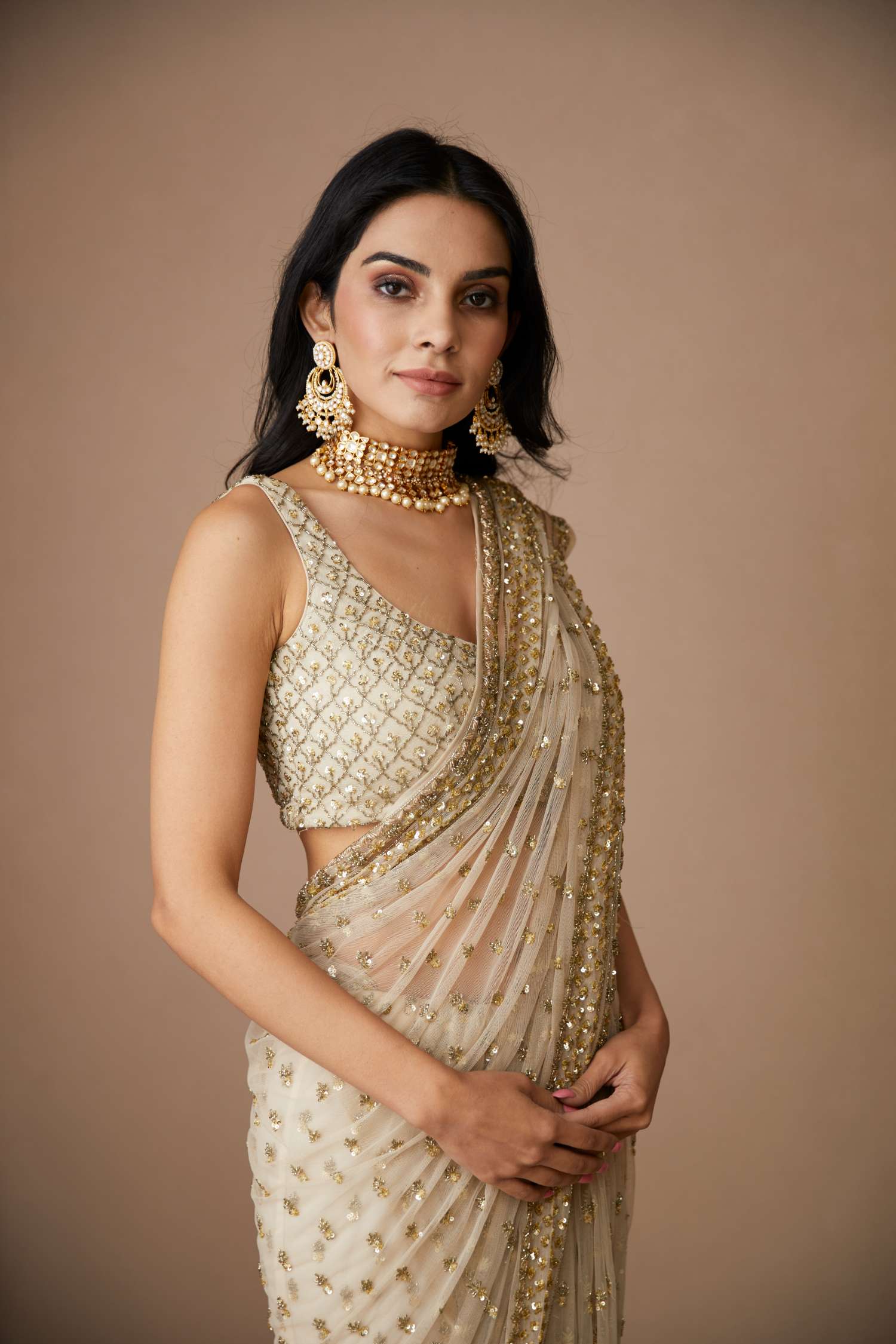 Off White Bottie Saree Set