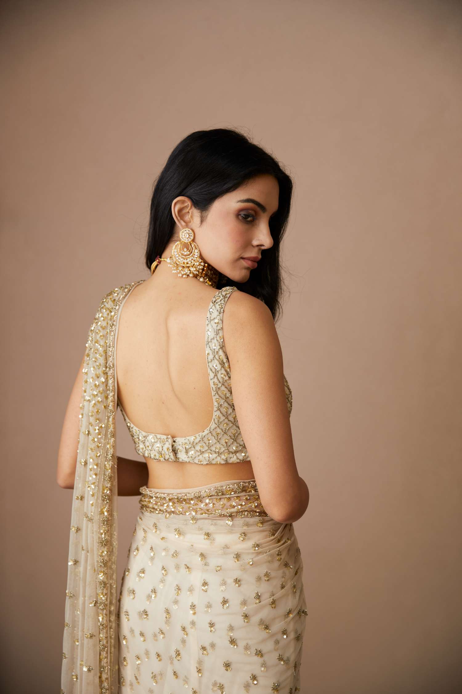 Off White Bottie Saree Set