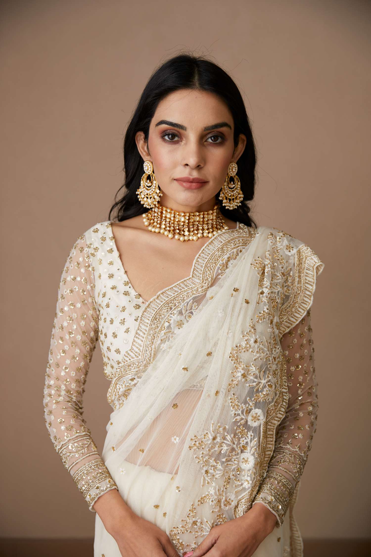White Net Thread Work Saree Set