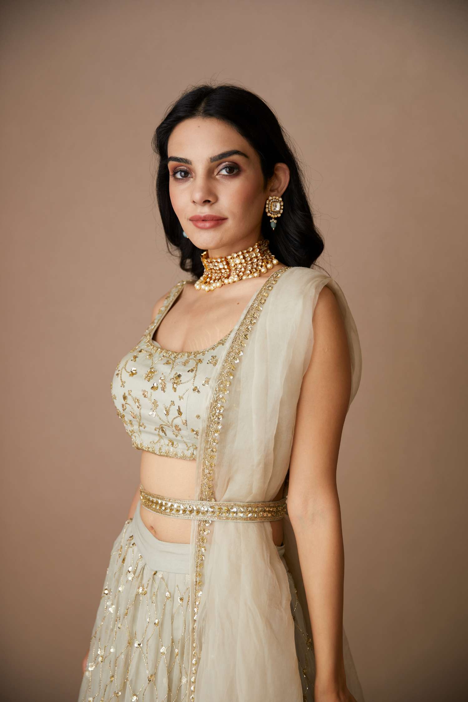 Light Grey Organza Lehenga Set