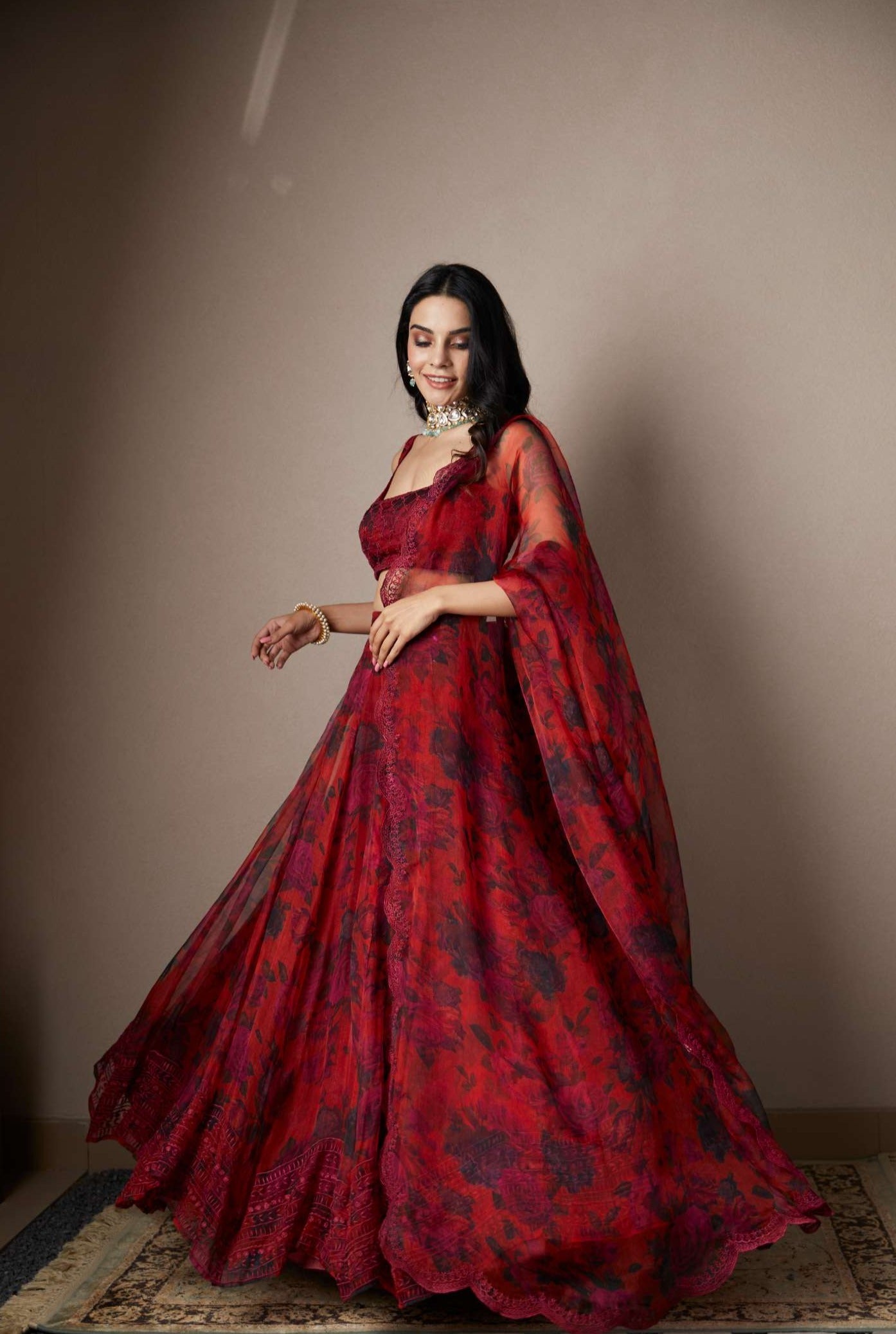 Deep Red Floral Lehenga Set