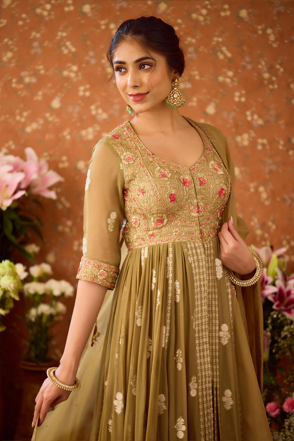 Grey Green Anarkali Set